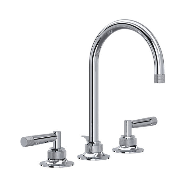 Polished chrome widespread lavatory faucet with curved C-spout and dual lever handles on round bases.