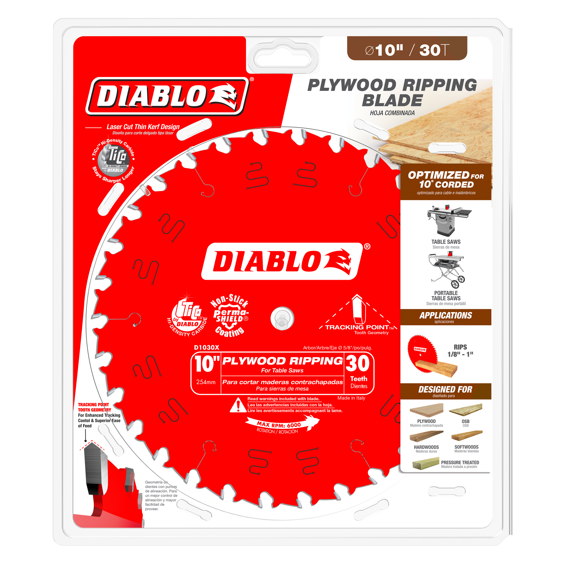 Red circular saw blade with 30 white teeth, labeled Diablo D1030X 10" plywood ripping blade in retail packaging.