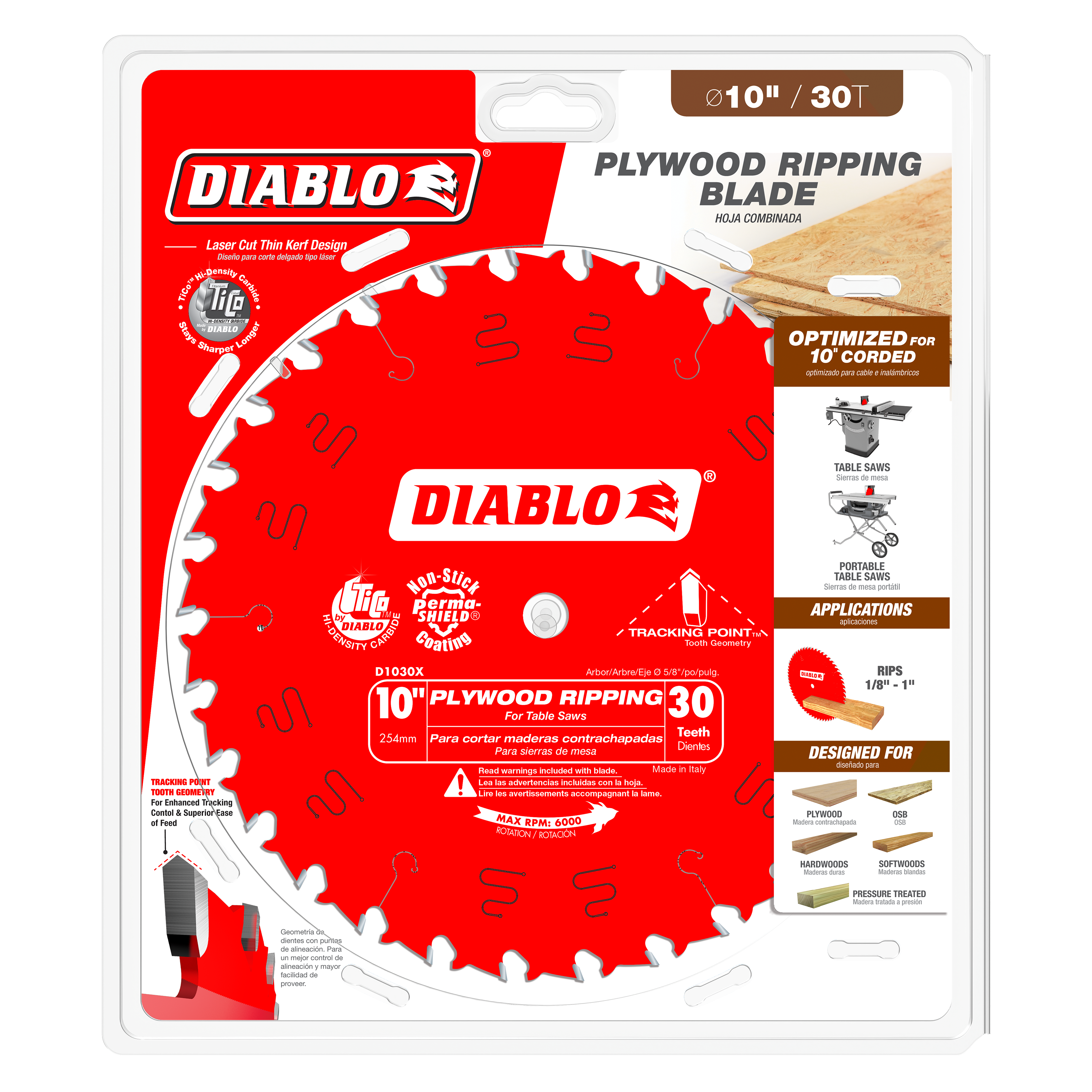 Red circular saw blade with 30 white teeth, labeled Diablo D1030X 10" plywood ripping blade in retail packaging.
