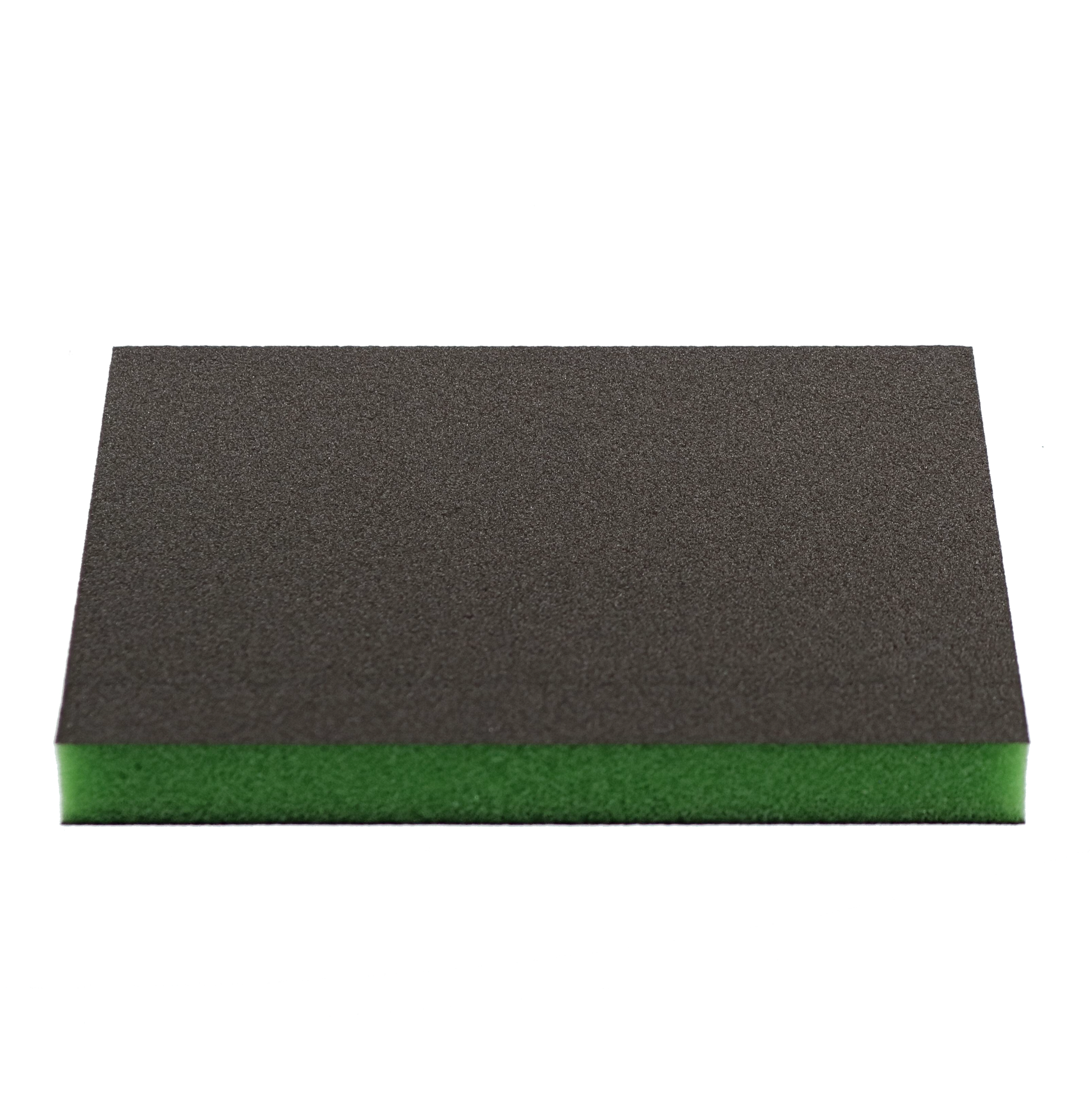 Two-piece sanding sponge with gray top layer and green foam base.