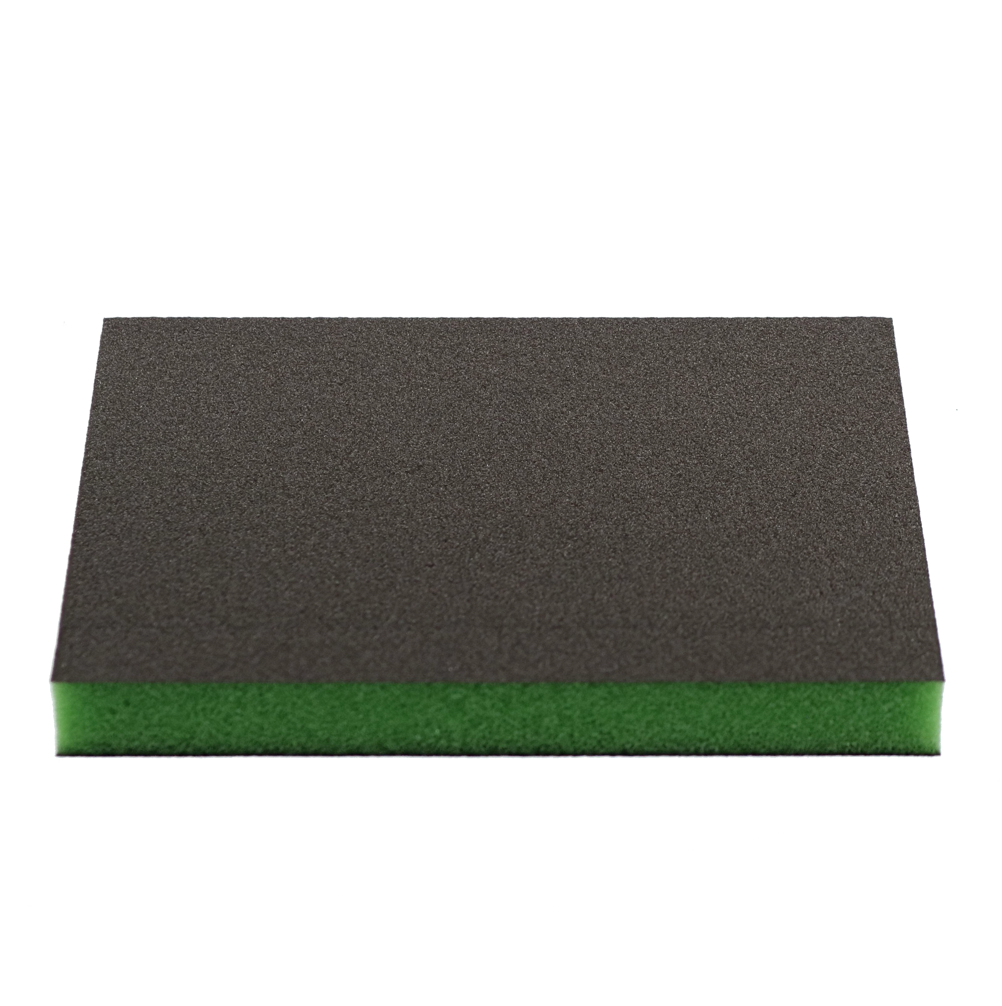 Two-piece sanding sponge with gray top layer and green foam base.