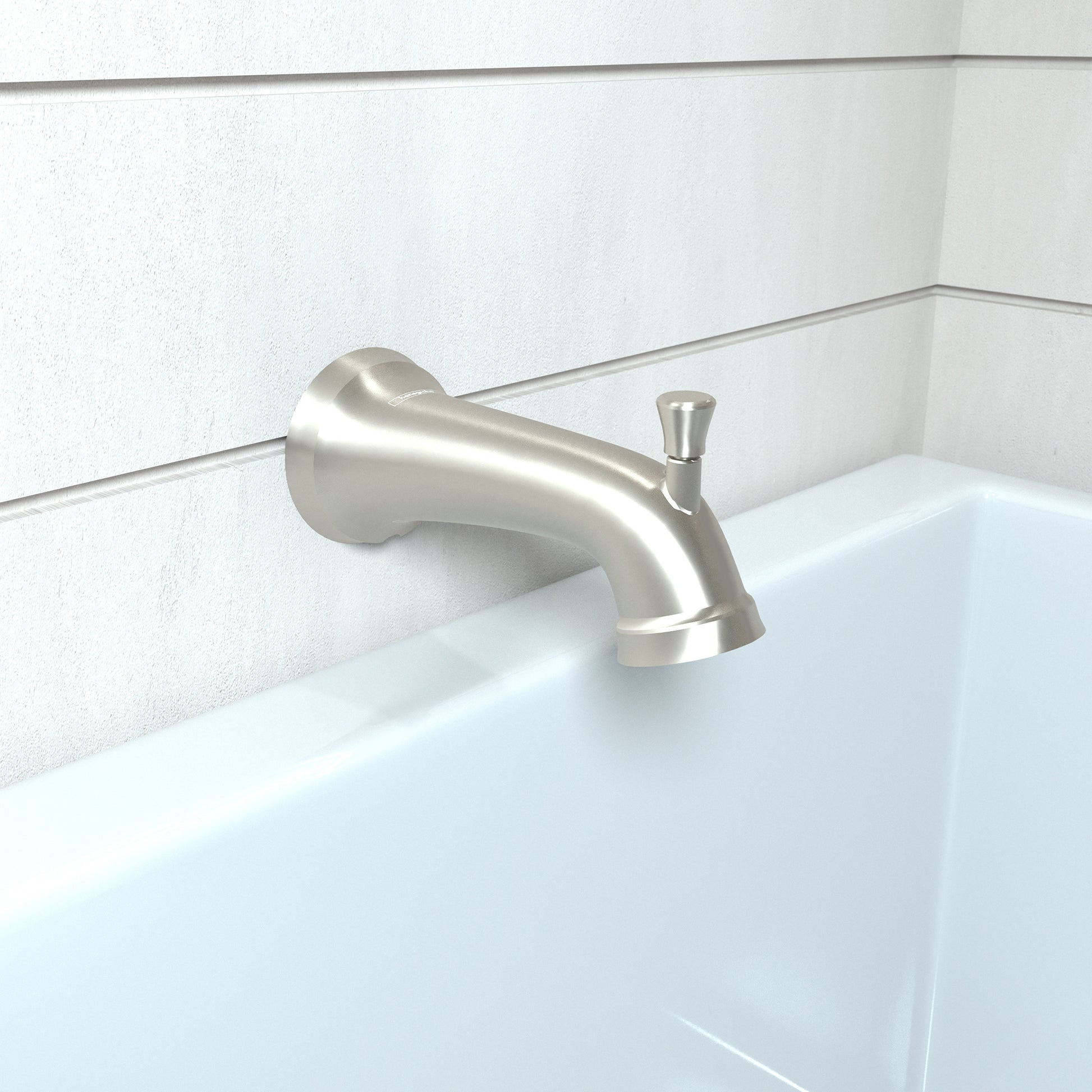 Brushed nickel tub spout with diverter lever mounted on white tile above bathtub.