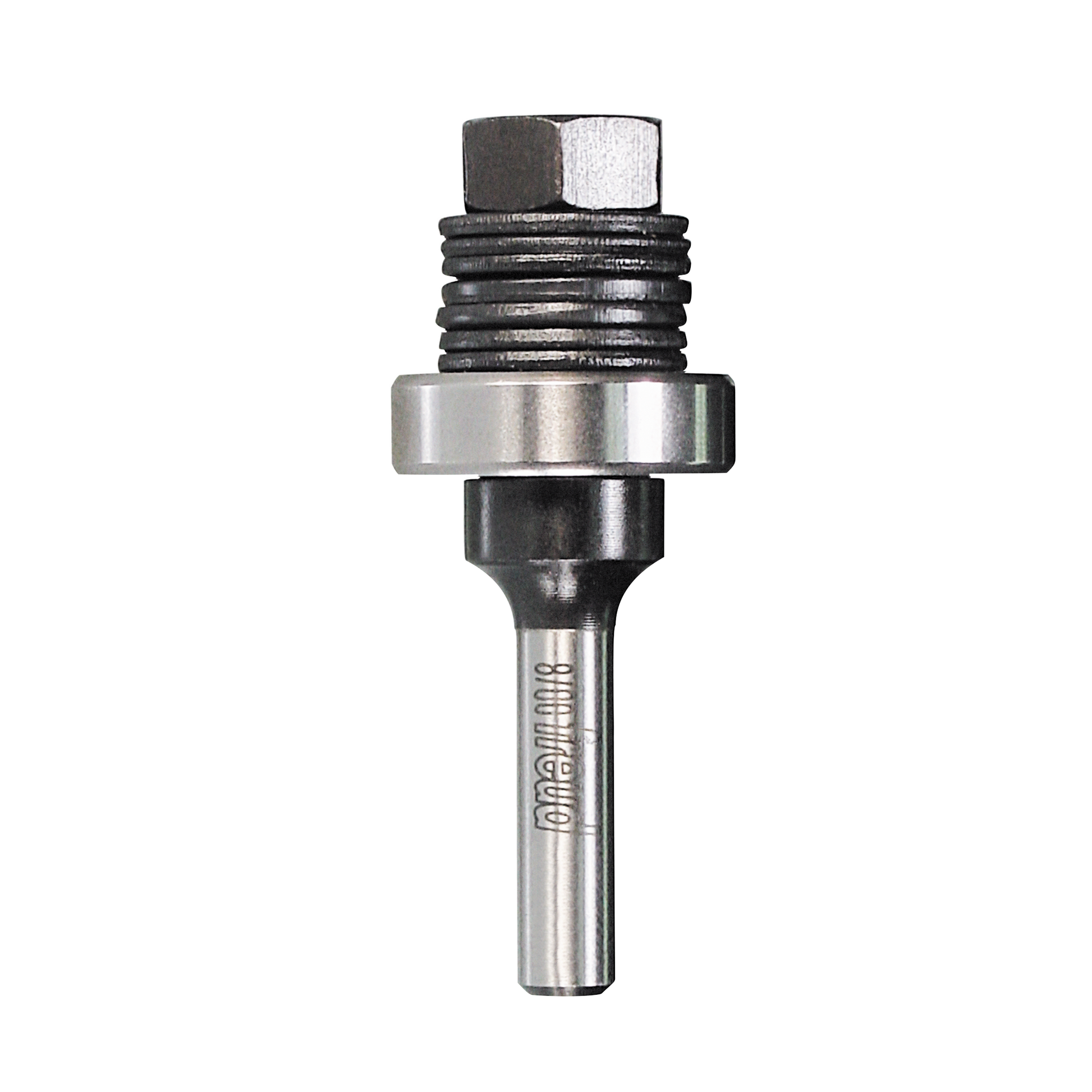 Metal slotting cutter arbor with hex nut and threaded shaft, Freud branded.