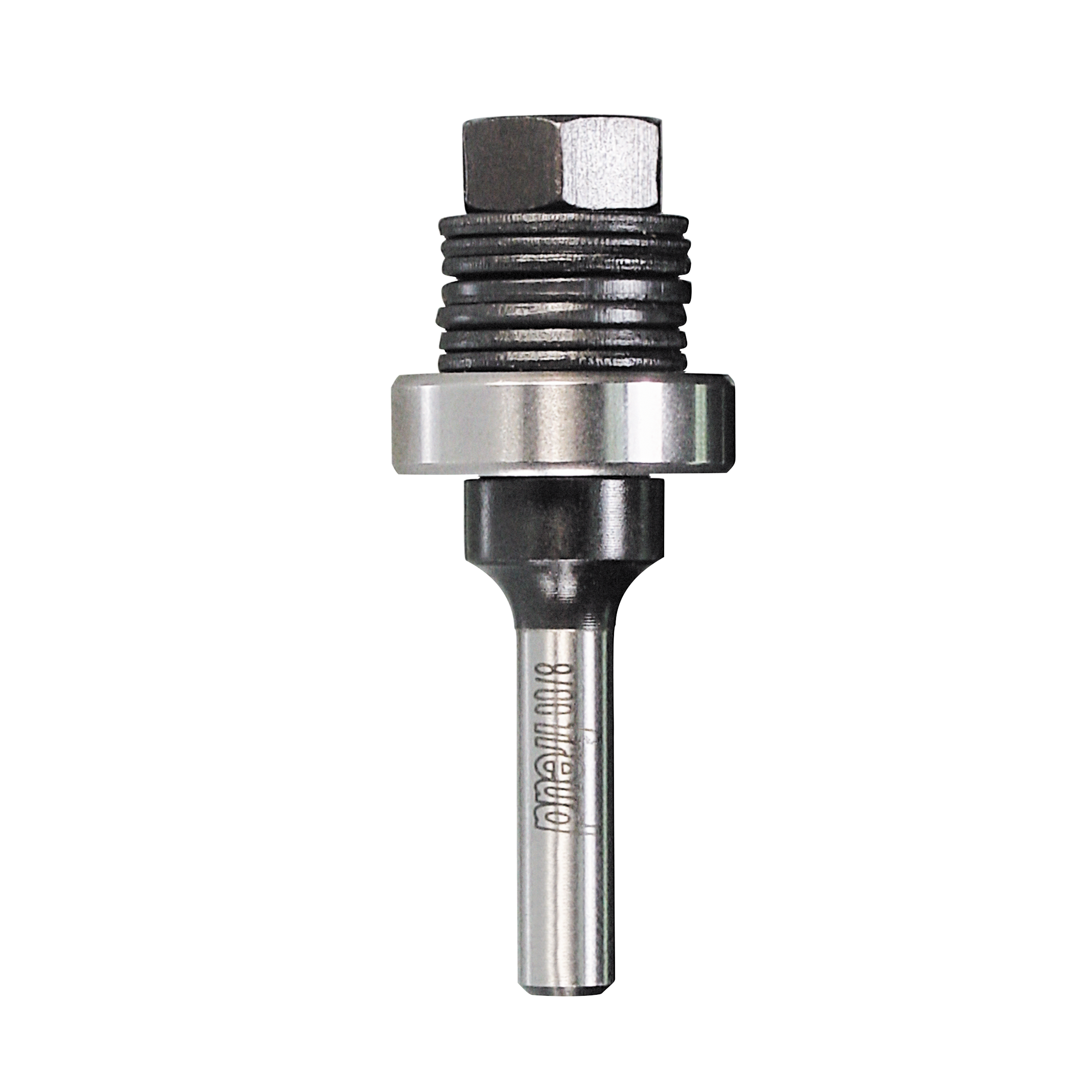 Metal slotting cutter arbor with hex nut and threaded shaft, Freud branded.