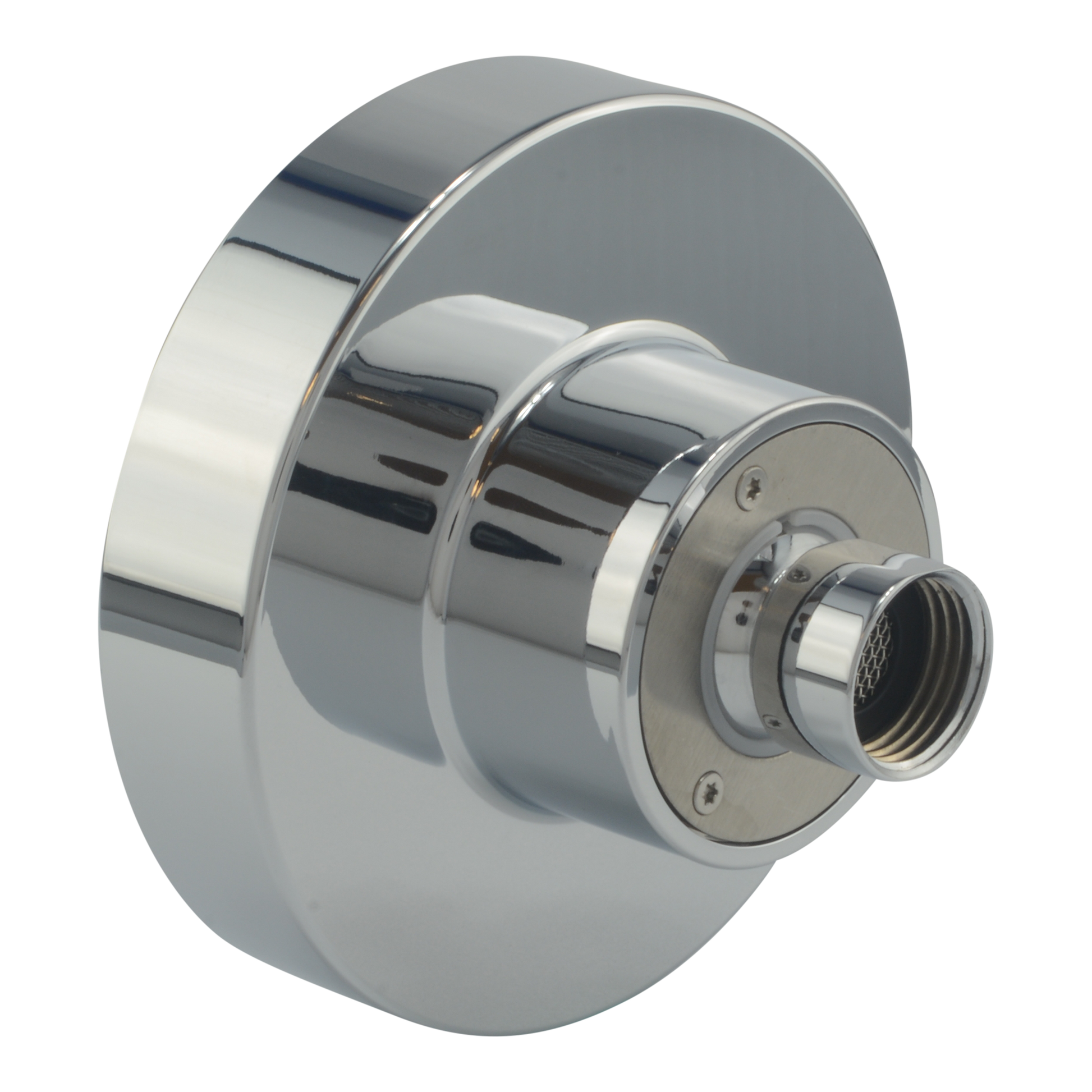 Polished chrome round shower head with 4-inch diameter and single spray nozzle, wall-mounted.