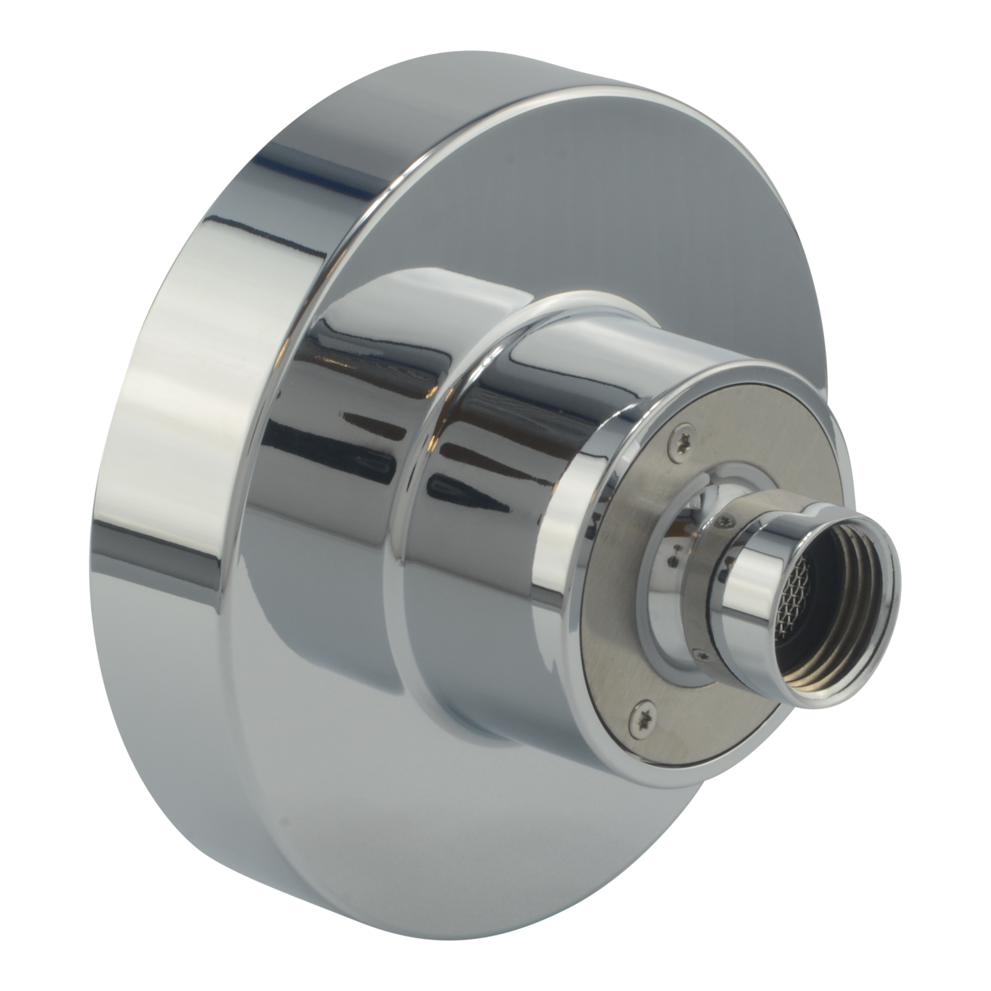 Polished chrome round shower head with 4-inch diameter and single spray nozzle, wall-mounted.