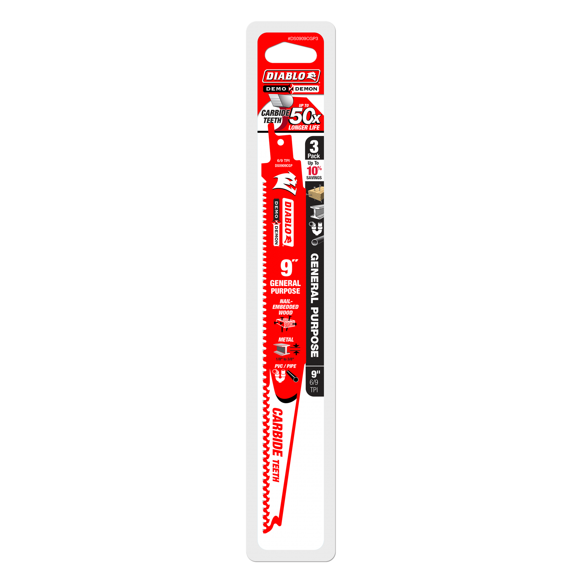 Three red and white Diablo Demo Demon 9-inch carbide reciprocating saw blades with serrated edges on packaging card.