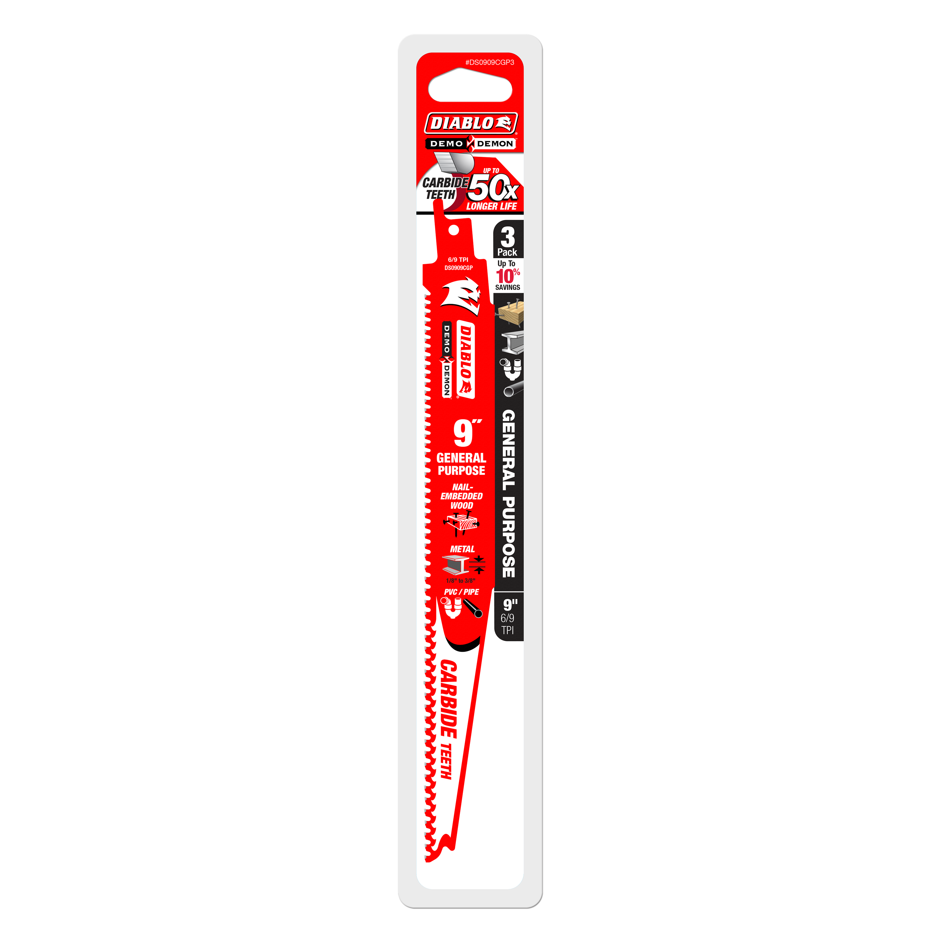 Three red and white Diablo Demo Demon 9-inch carbide reciprocating saw blades with serrated edges on packaging card.