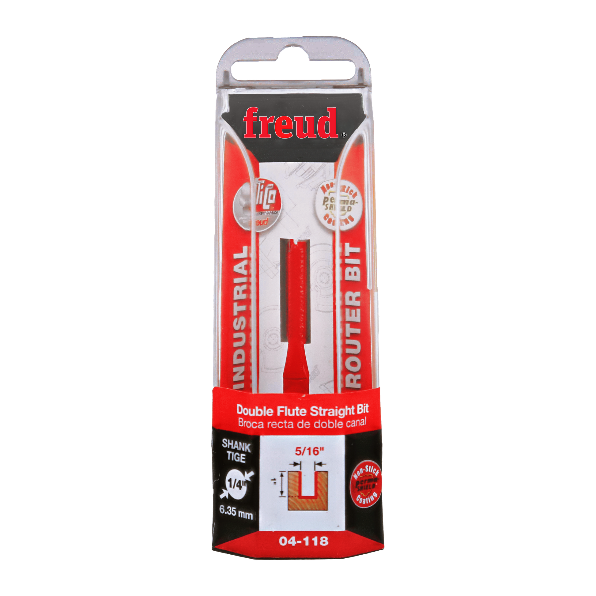 Freud 04-118 double flute straight router bit with 5/16" diameter and 1/4" shank in retail packaging.