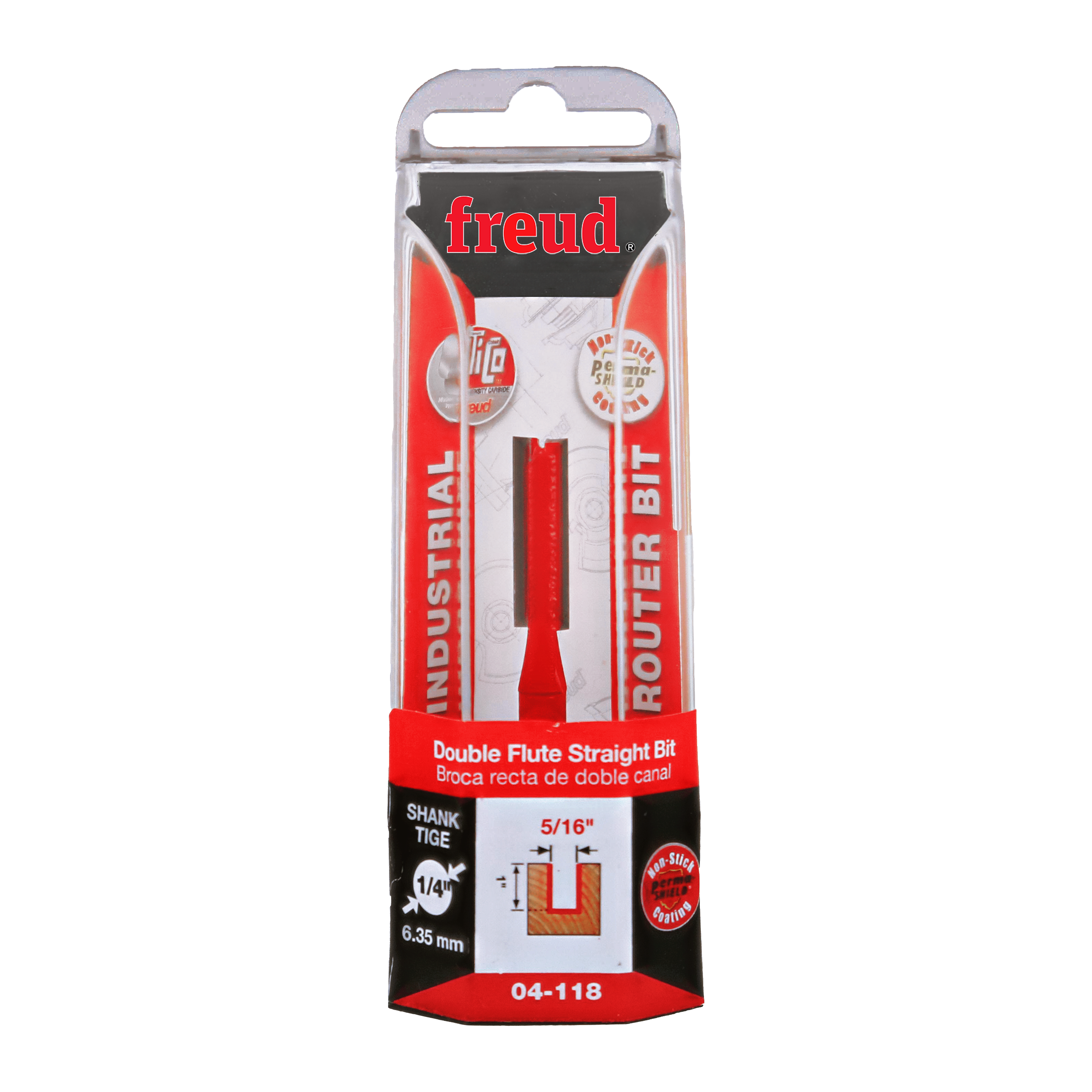 Freud 04-118 double flute straight router bit with 5/16" diameter and 1/4" shank in retail packaging.
