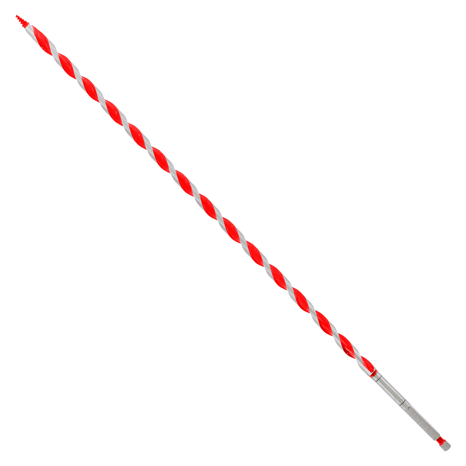 Red and white spiral auger bit with gray metal shaft and pointed tip.