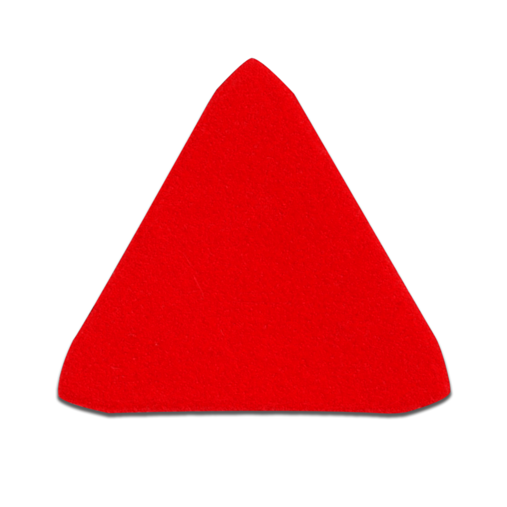 Red triangular sanding pad with rounded corners on white background.