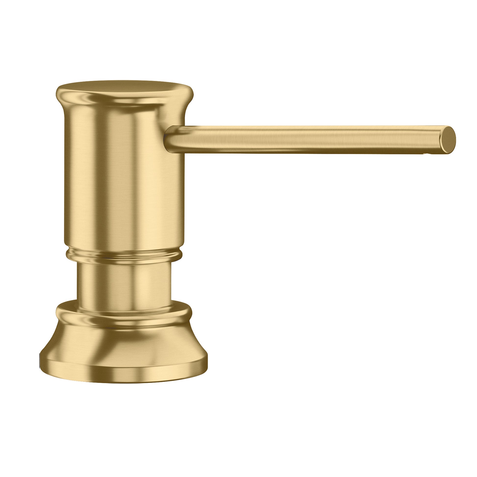Satin gold countertop soap dispenser with cylindrical pump body and horizontal lever spout.