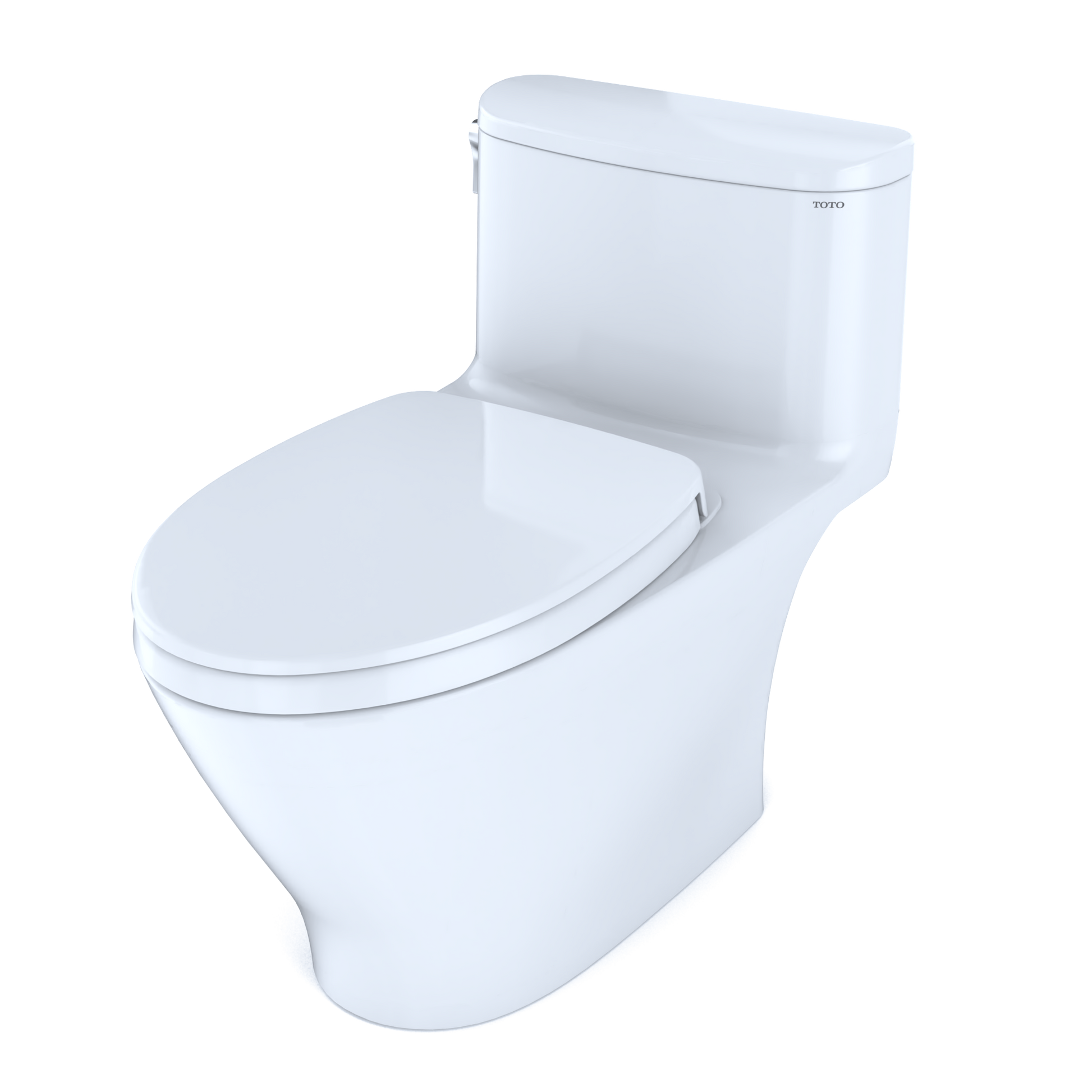 White one-piece elongated toilet with soft-close seat and integrated tank.