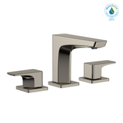 Polished nickel two-handle widespread bathroom sink faucet with curved spout and rectangular handles.