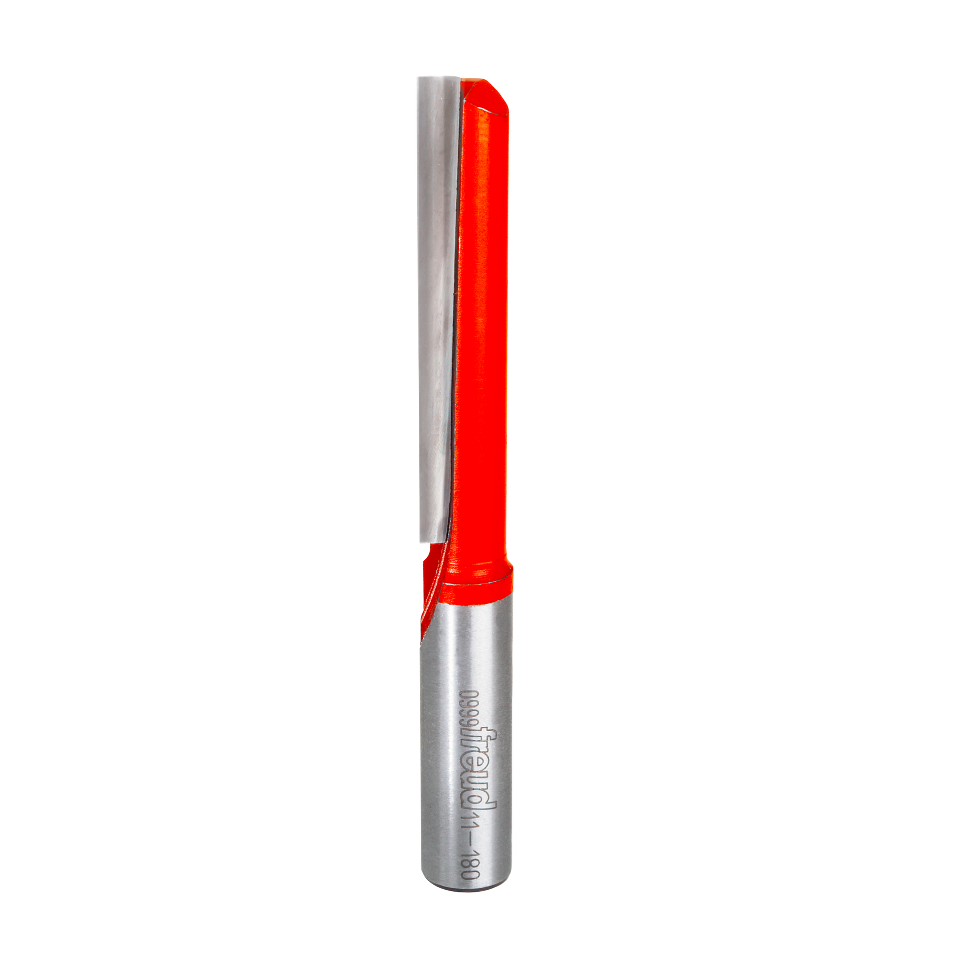 Freud 1/2" diameter single flute straight router bit with red cutting head and silver metal shank.