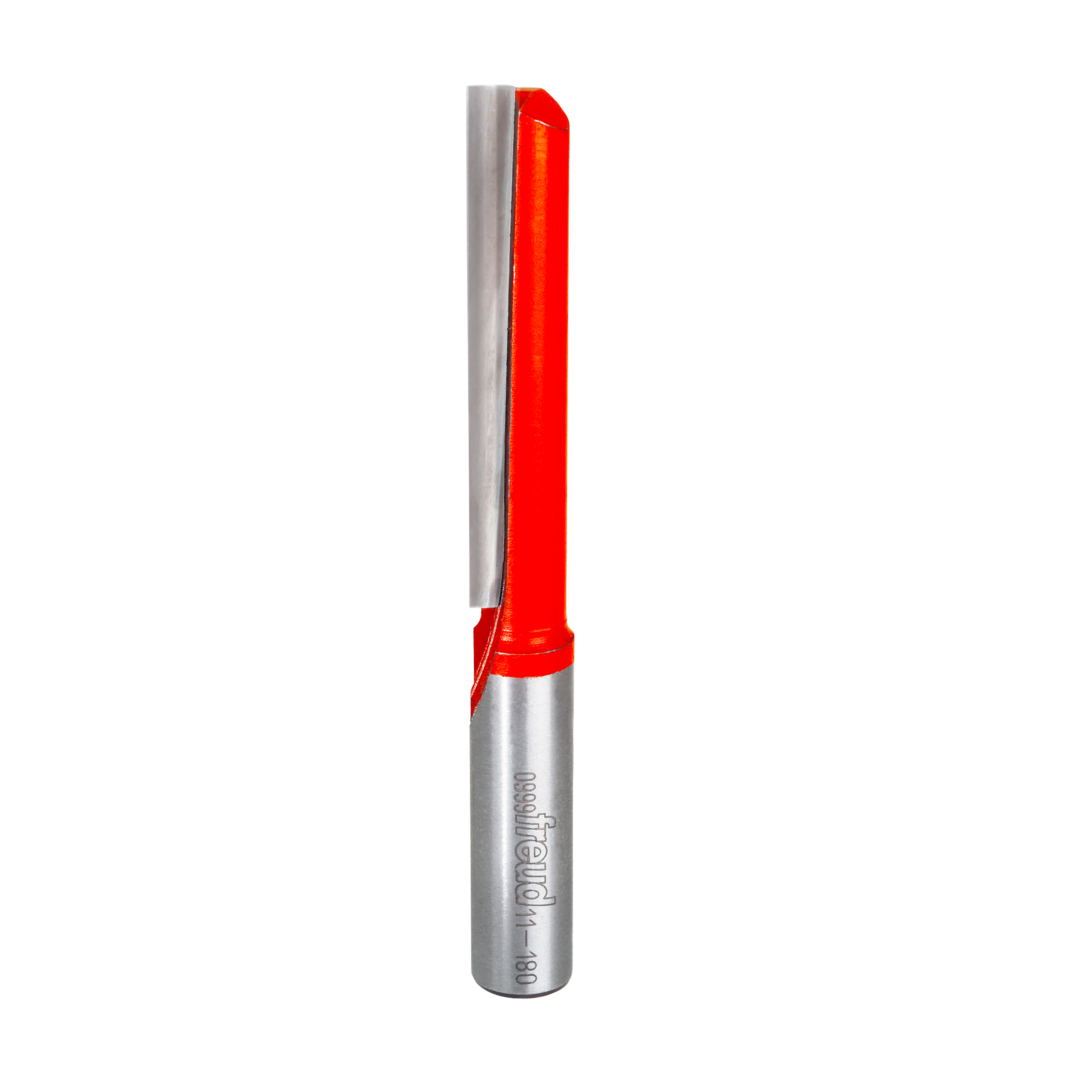 Freud 1/2" diameter single flute straight router bit with red cutting head and silver metal shank.