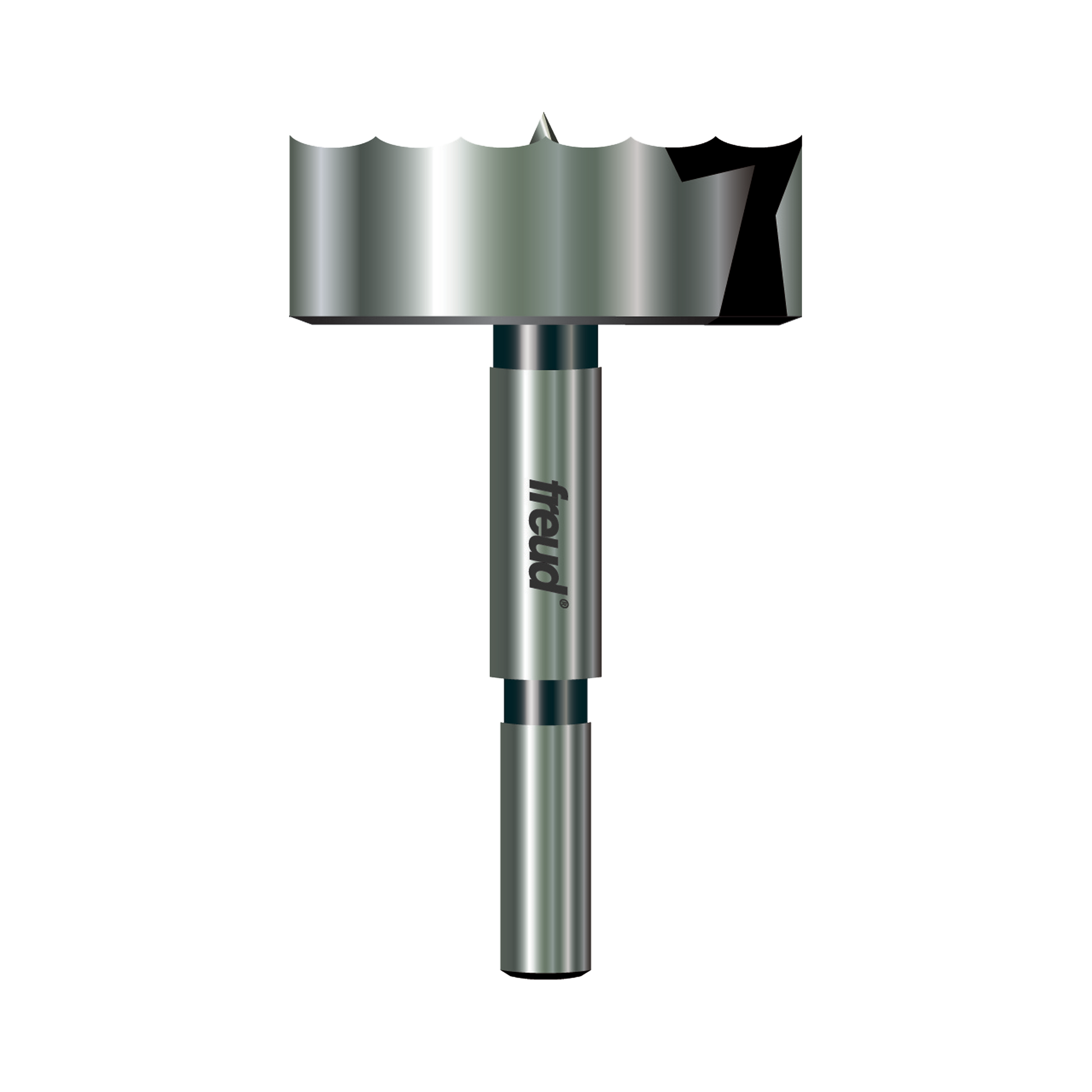 Freud PB-015 2-inch Forstner bit with cylindrical shank and flat cutting head with center point.