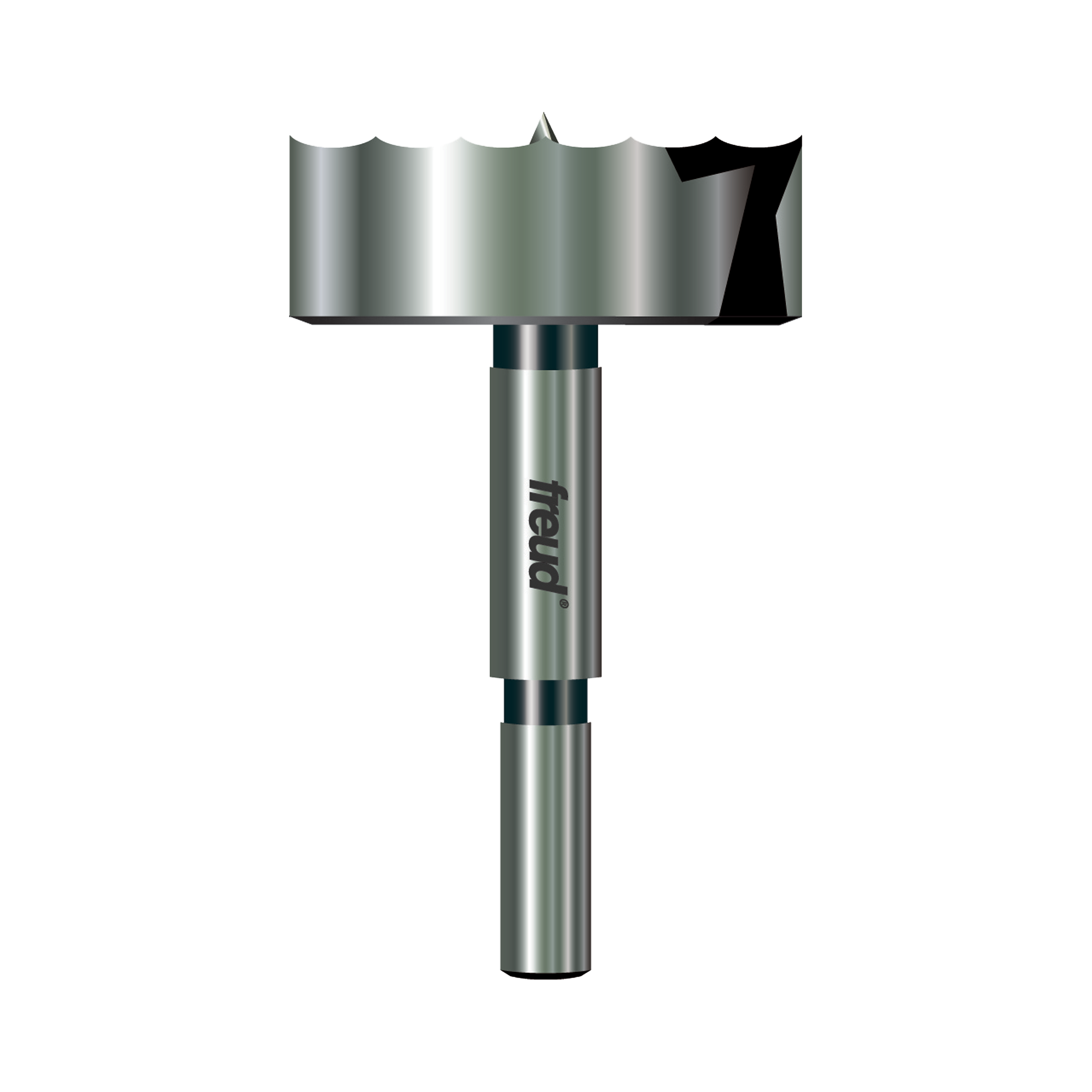 Freud PB-015 2-inch Forstner bit with cylindrical shank and flat cutting head with center point.