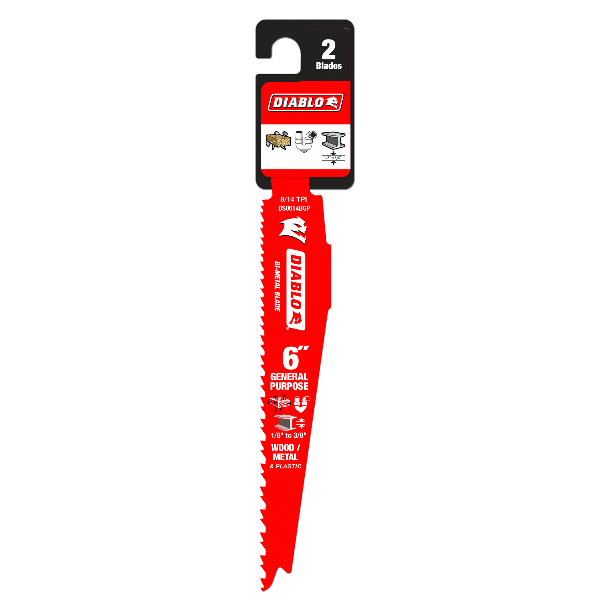 Two red Diablo bi-metal reciprocating saw blades with serrated edges and black packaging header labeled "2 Blades."
