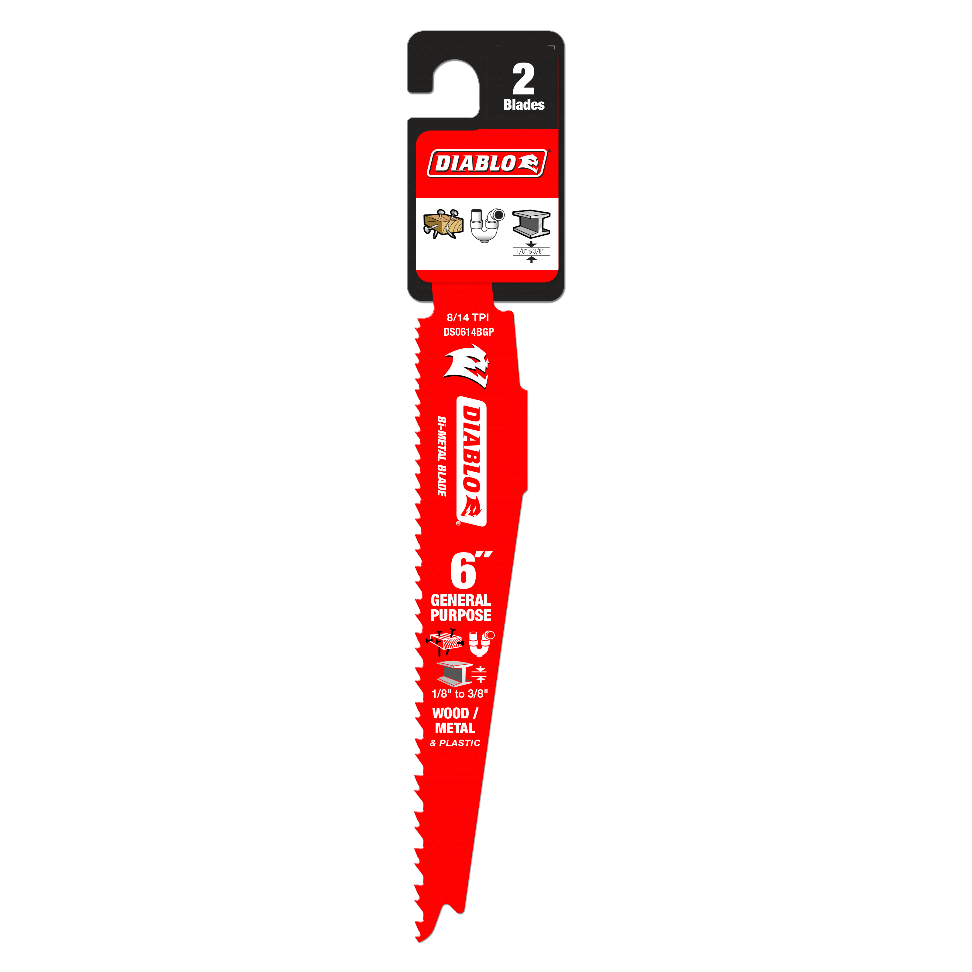 Two red Diablo bi-metal reciprocating saw blades with serrated edges and black packaging header labeled "2 Blades."