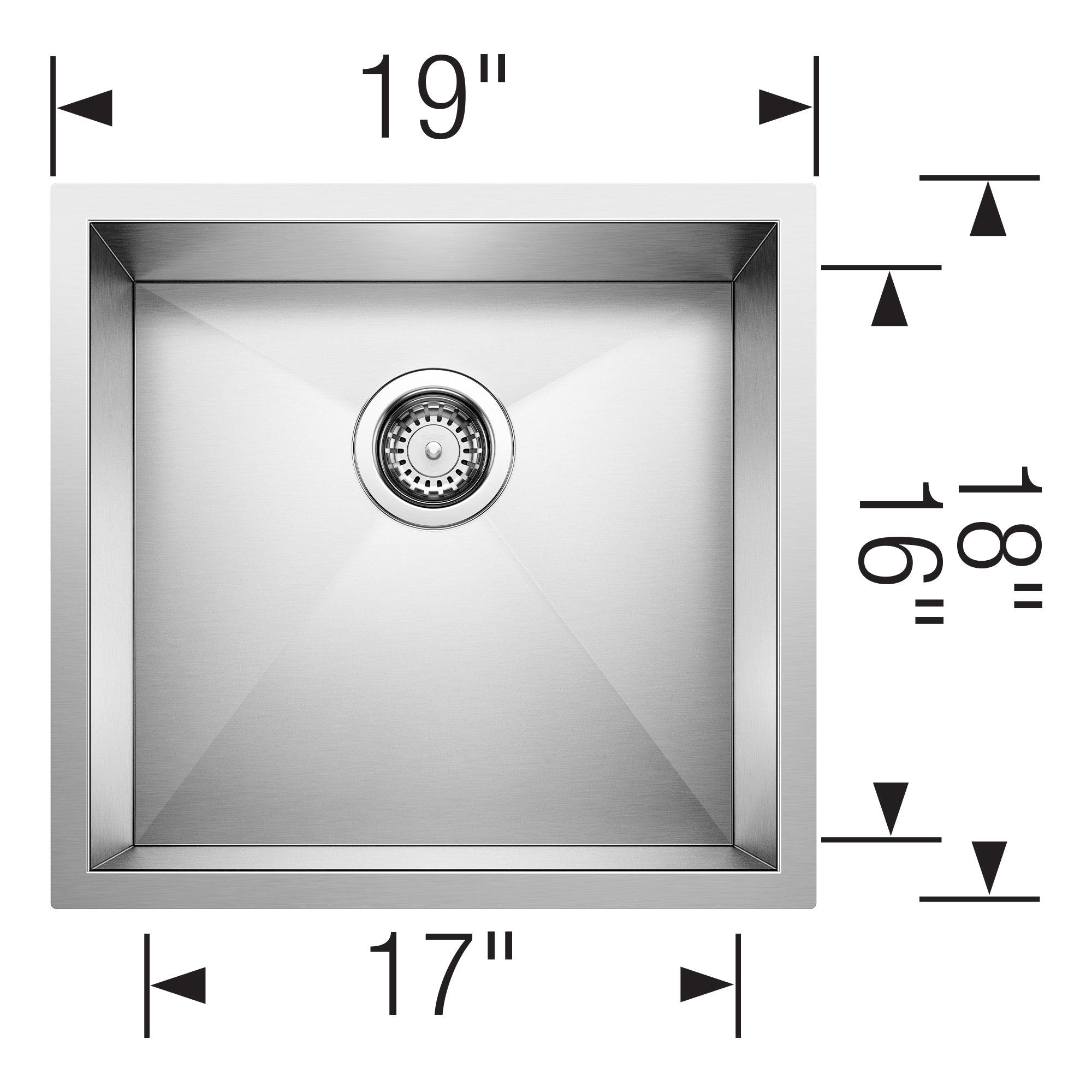 Stainless steel single bowl sink with drain strainer, measuring 19" width by 18" depth by 16" height.