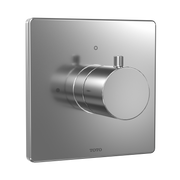 Polished chrome square shower valve trim with round control handle and wall plate featuring Toto branding.