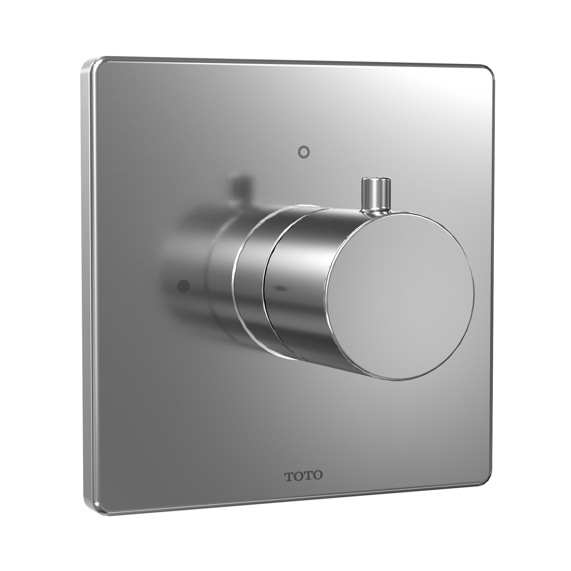Polished chrome square shower valve trim with round control handle and wall plate featuring Toto branding.