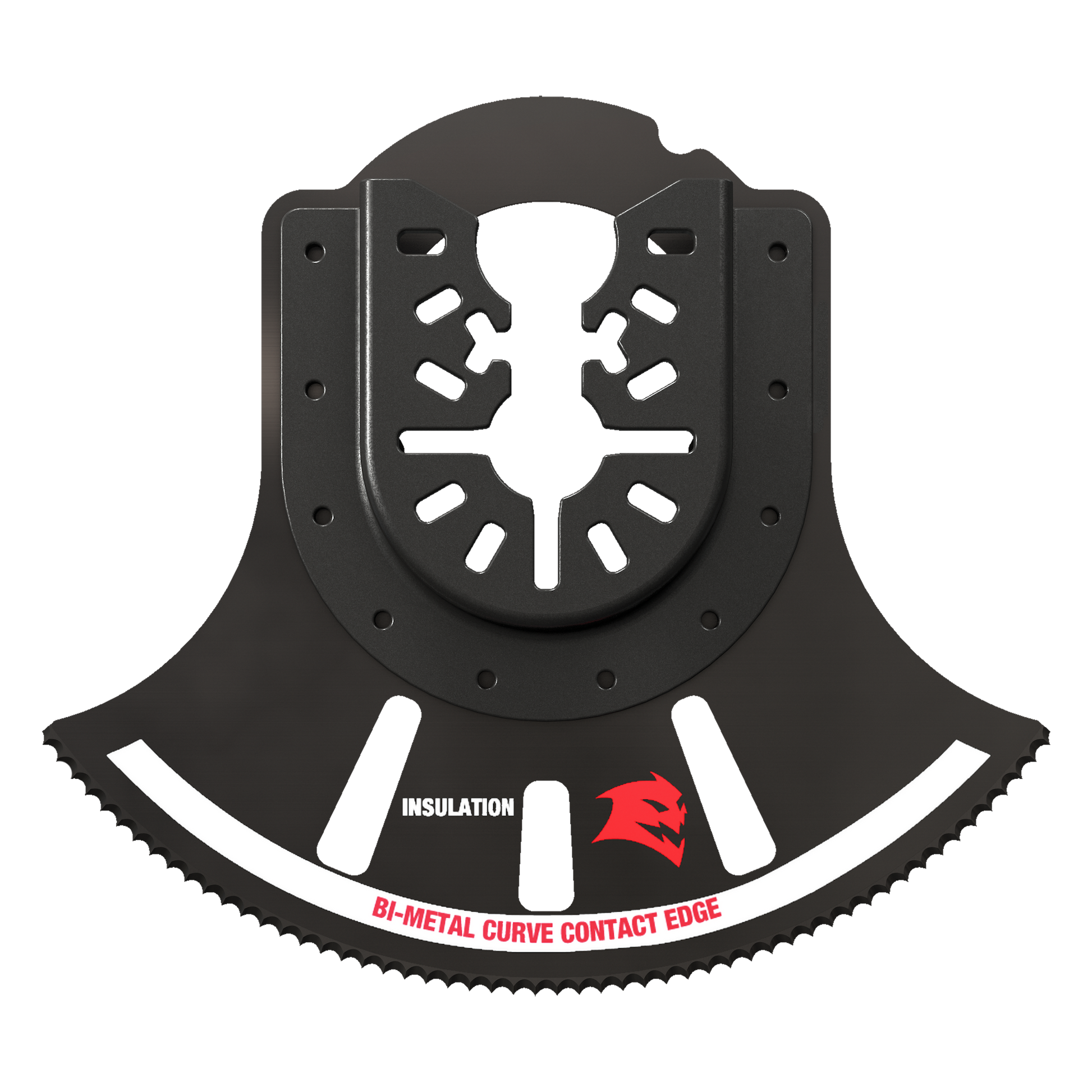 Black bi-metal oscillating blade with universal fit mounting holes and serrated curved contact edge for insulation cutting.