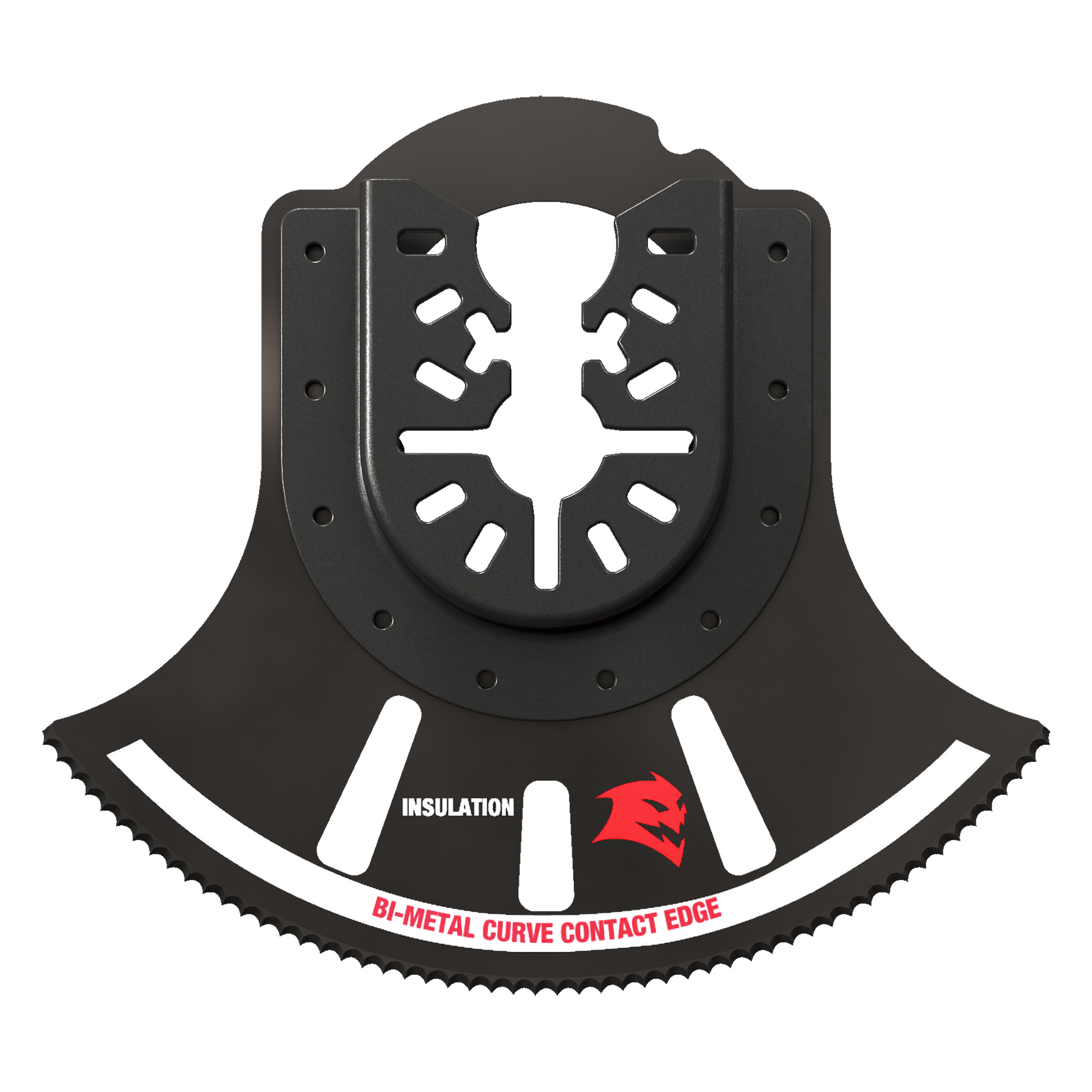 Black bi-metal oscillating blade with universal fit mounting holes and serrated curved contact edge for insulation cutting.