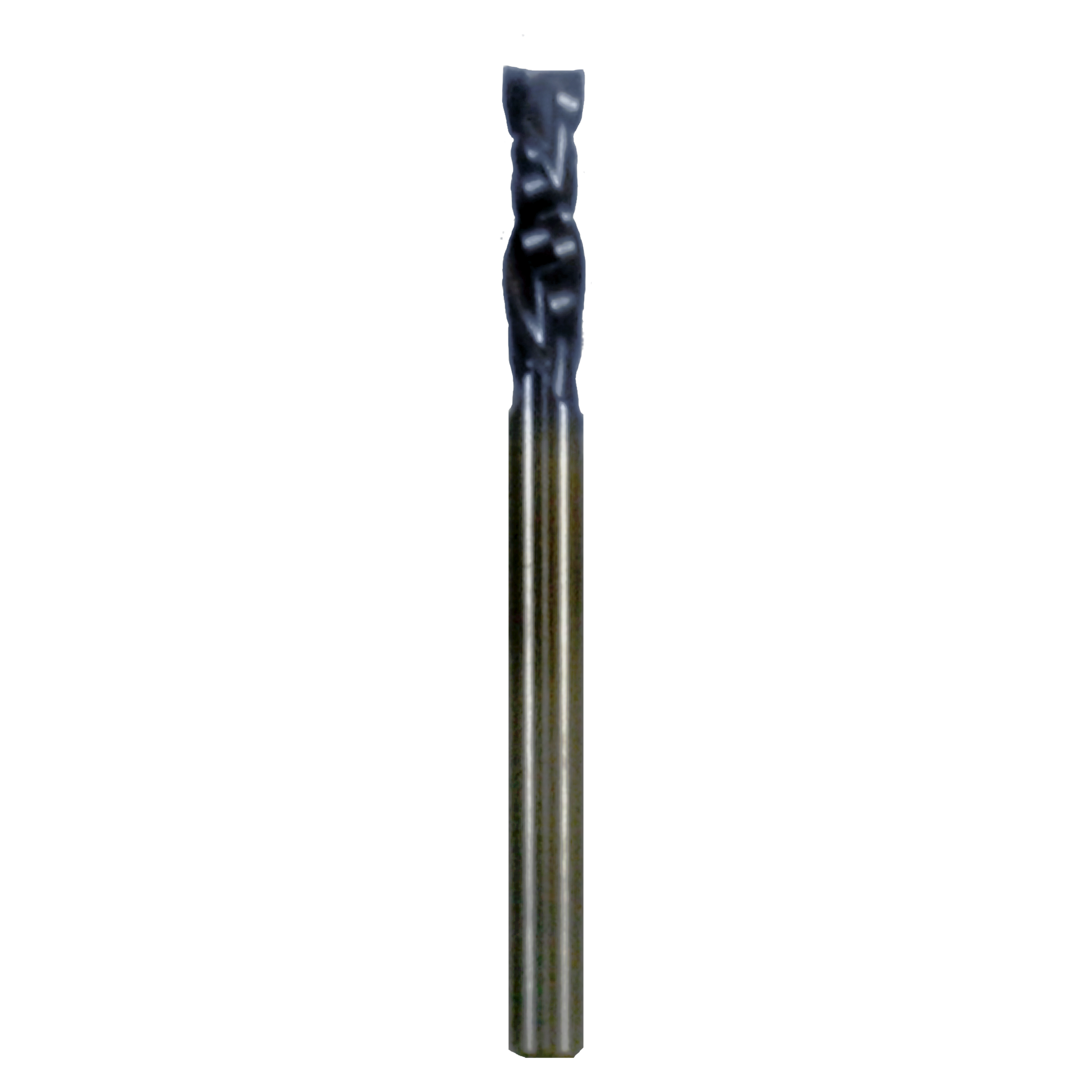 Black and gold two-flute mortise compression router bit with cylindrical shank and spiral cutting edges.