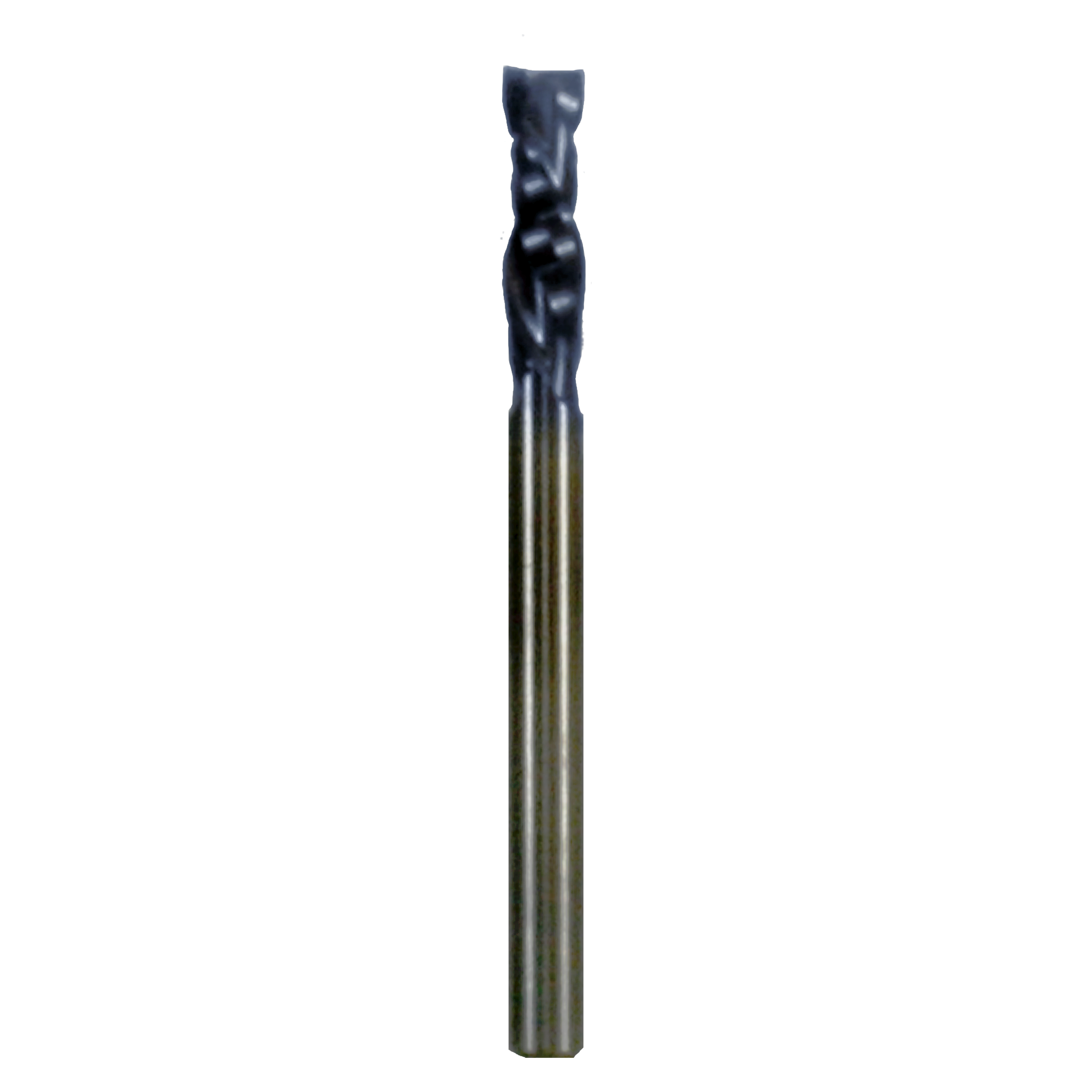 Black and gold two-flute mortise compression router bit with cylindrical shank and spiral cutting edges.