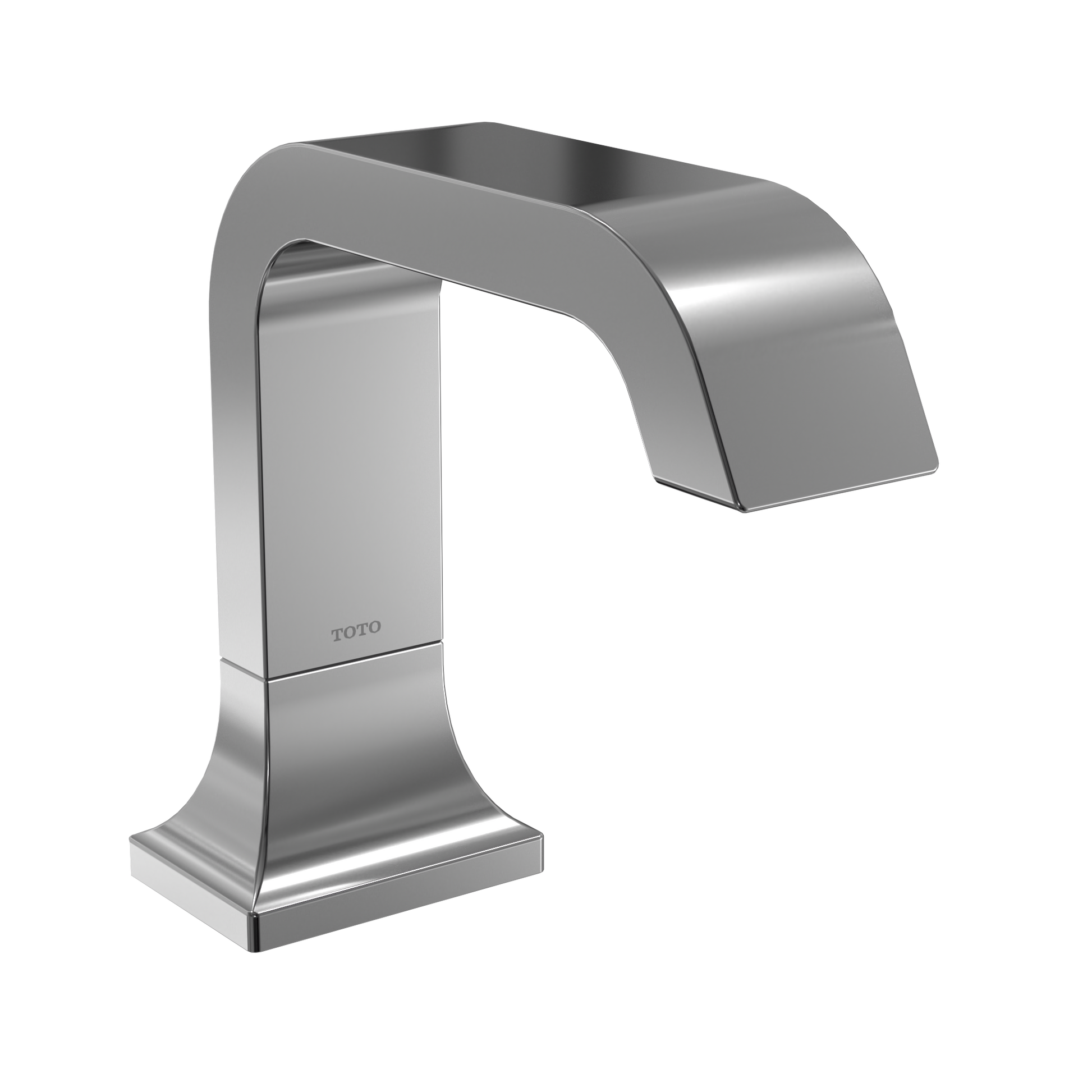 Polished chrome touchless bathroom faucet with curved spout and rectangular basin, TOTO branding visible on base.