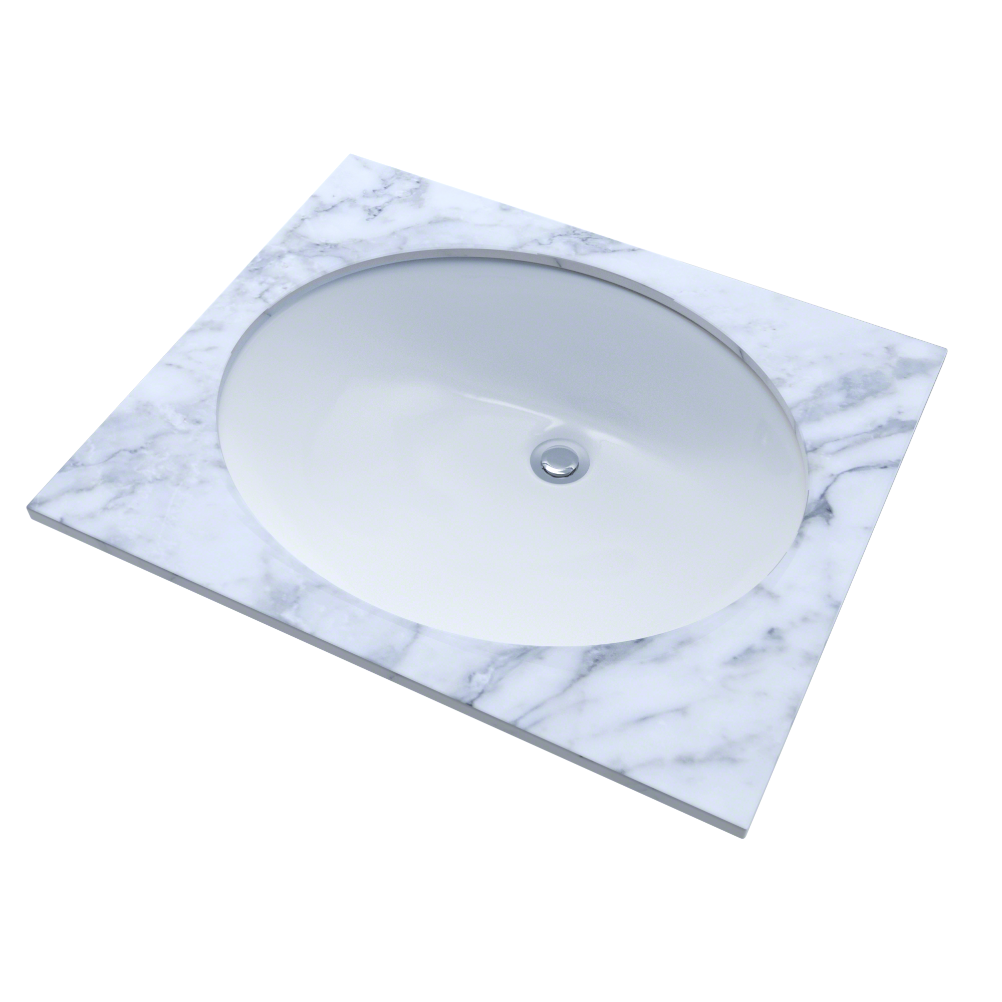 Cotton white oval undermount bathroom sink with single drain hole set in marble countertop.