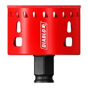 Red Diablo hole saw storage rack with multiple slots for various sized bits and black drill chuck adapter base.
