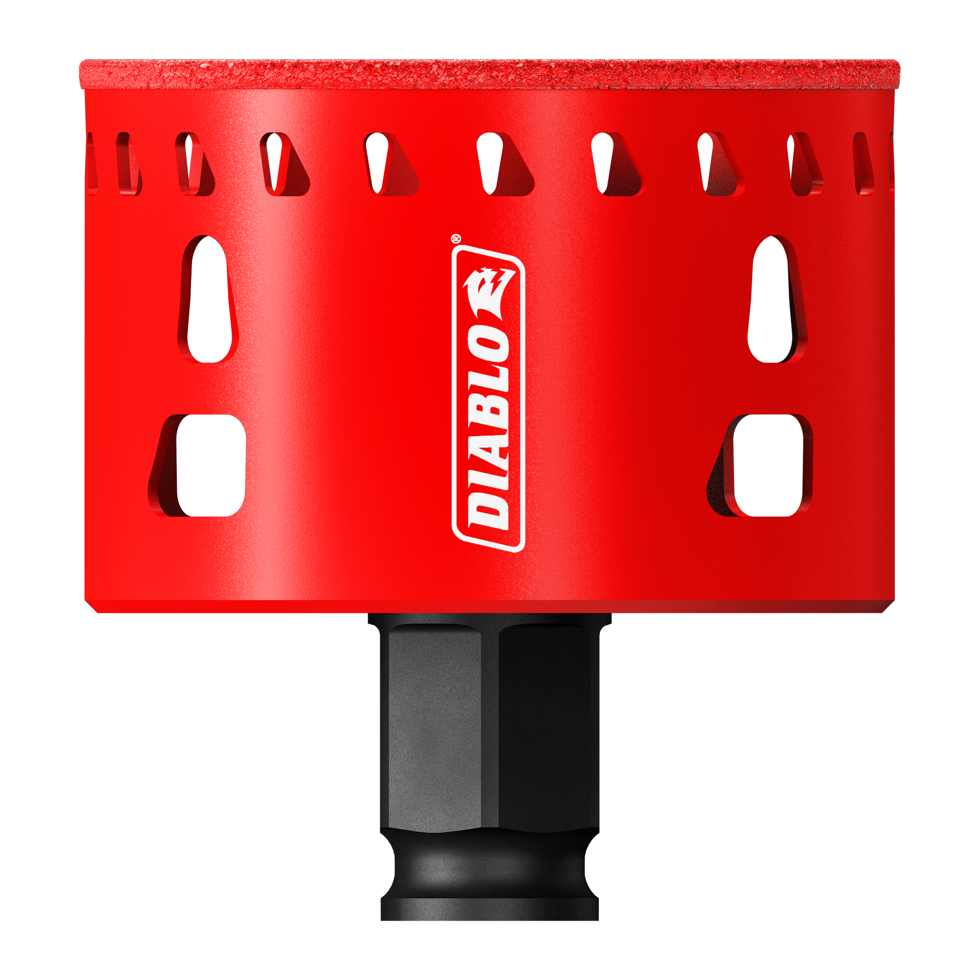Red Diablo hole saw storage rack with multiple slots for various sized bits and black drill chuck adapter base.