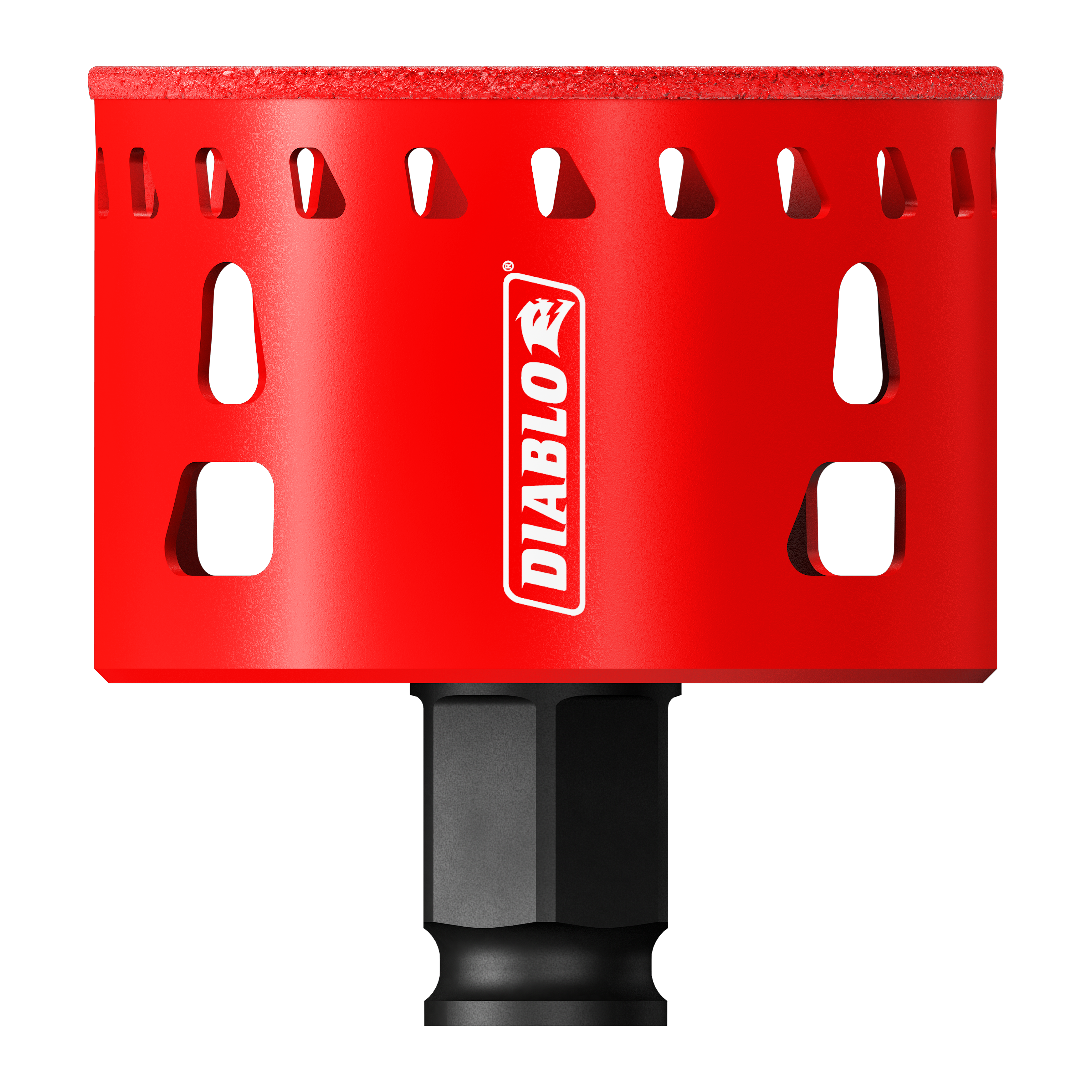 Red Diablo hole saw storage rack with multiple slots for various sized bits and black drill chuck adapter base.