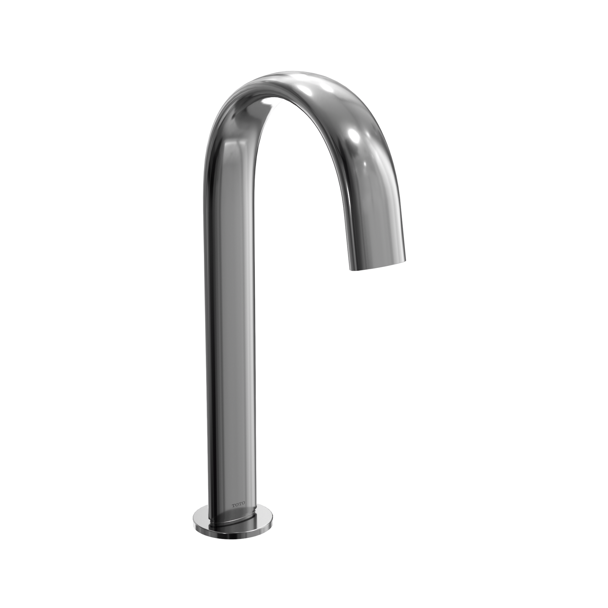 Polished chrome gooseneck faucet with curved spout and round base for vessel sinks.