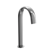 Polished chrome gooseneck faucet with curved spout and round base for vessel sinks.
