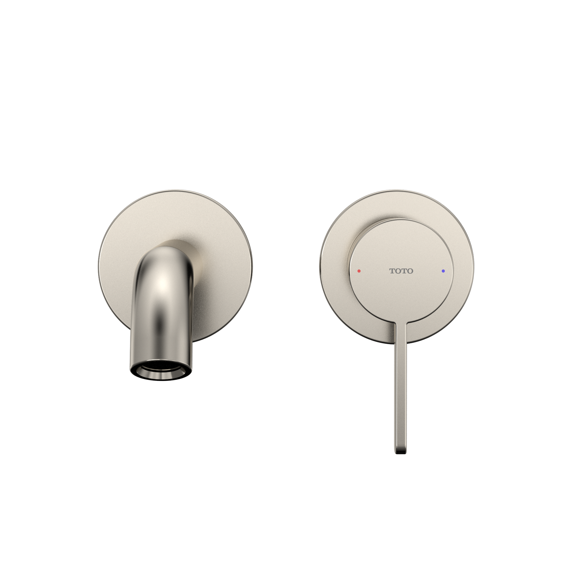 Polished nickel wall-mount bathroom faucet with curved spout on left and single-handle control on right.