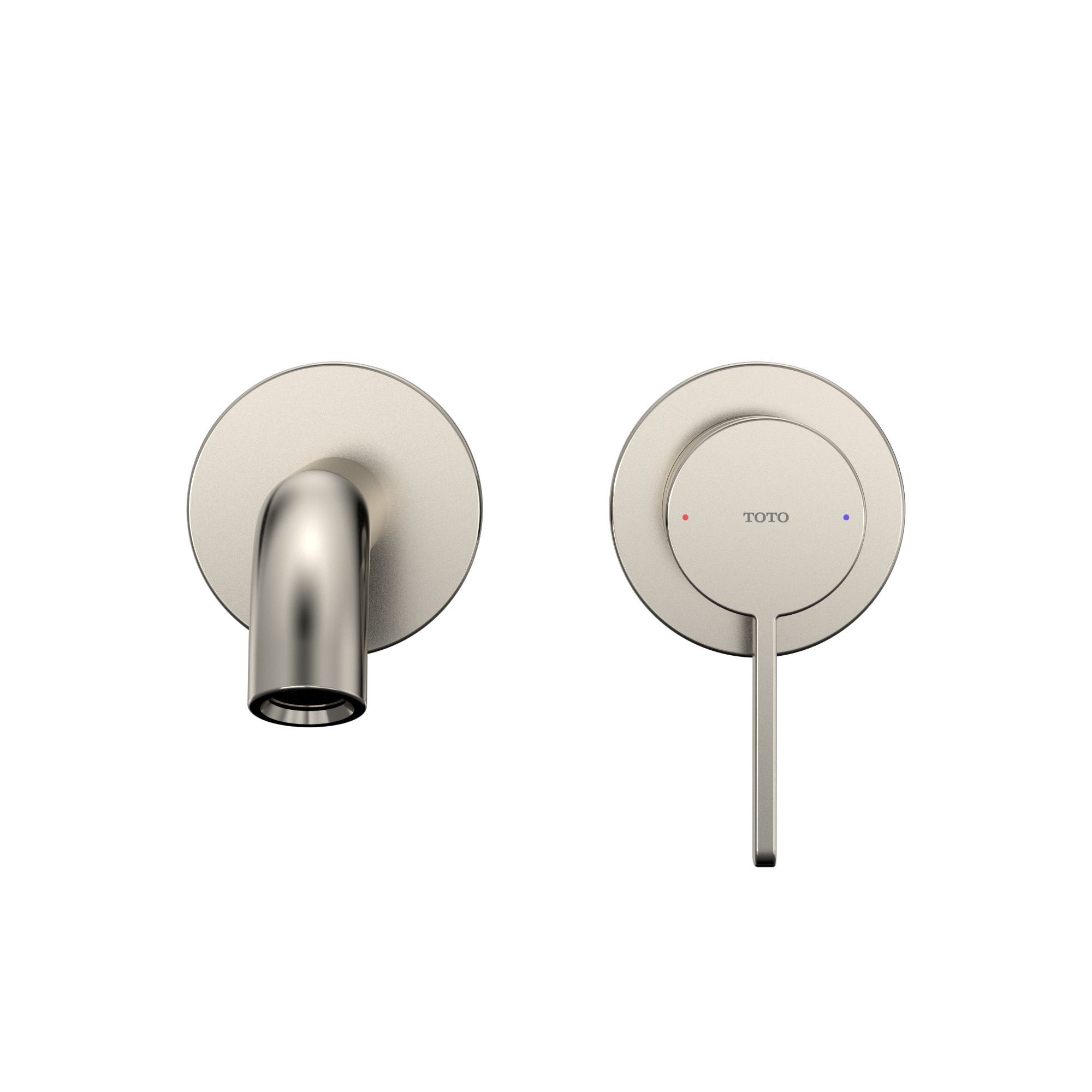 Polished nickel wall-mount bathroom faucet with curved spout on left and single-handle control on right.