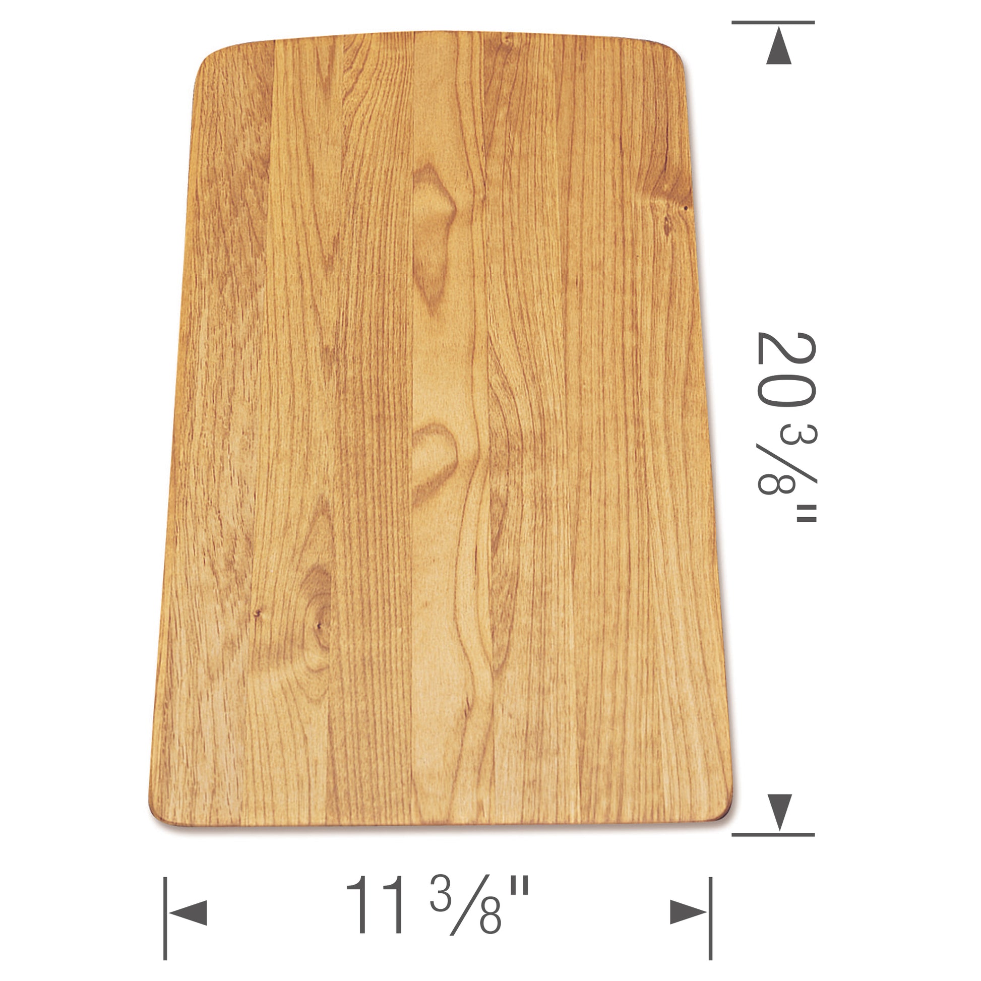 Rectangular wood cutting board with light natural finish and rounded corners, measuring 11 3/8" x 20 3/8".