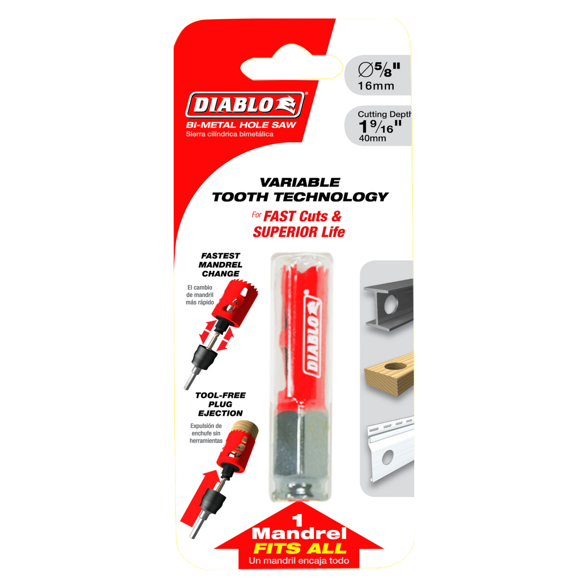 Diablo bi-metal hole saw 5/8 inch with red and black mandrel and packaging showing cutting depth specifications.