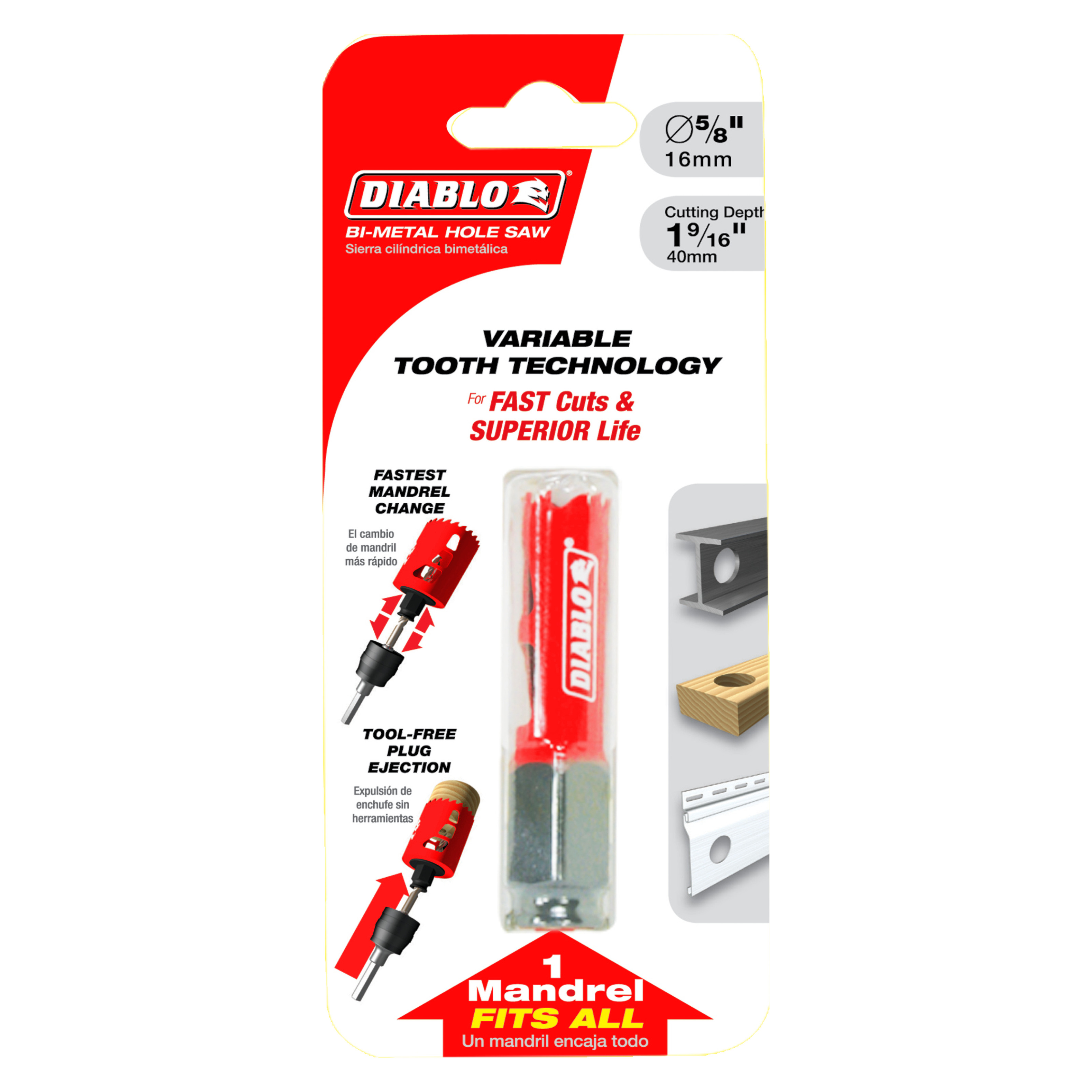 Diablo bi-metal hole saw 5/8 inch with red and black mandrel and packaging showing cutting depth specifications.