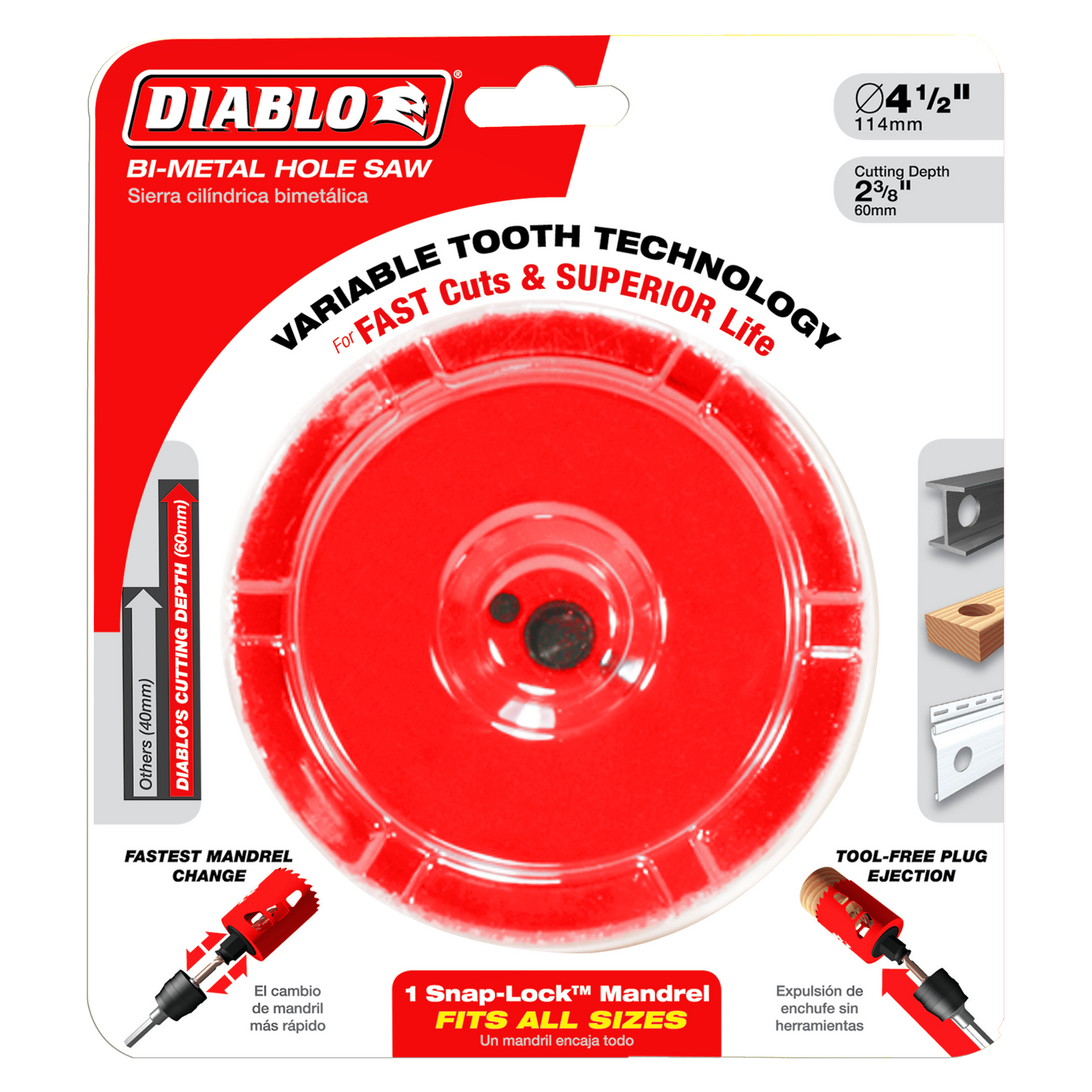 Diablo bi-metal hole saw with 4-1/2 inch diameter, red circular blade with variable tooth technology and snap-lock mandrel on