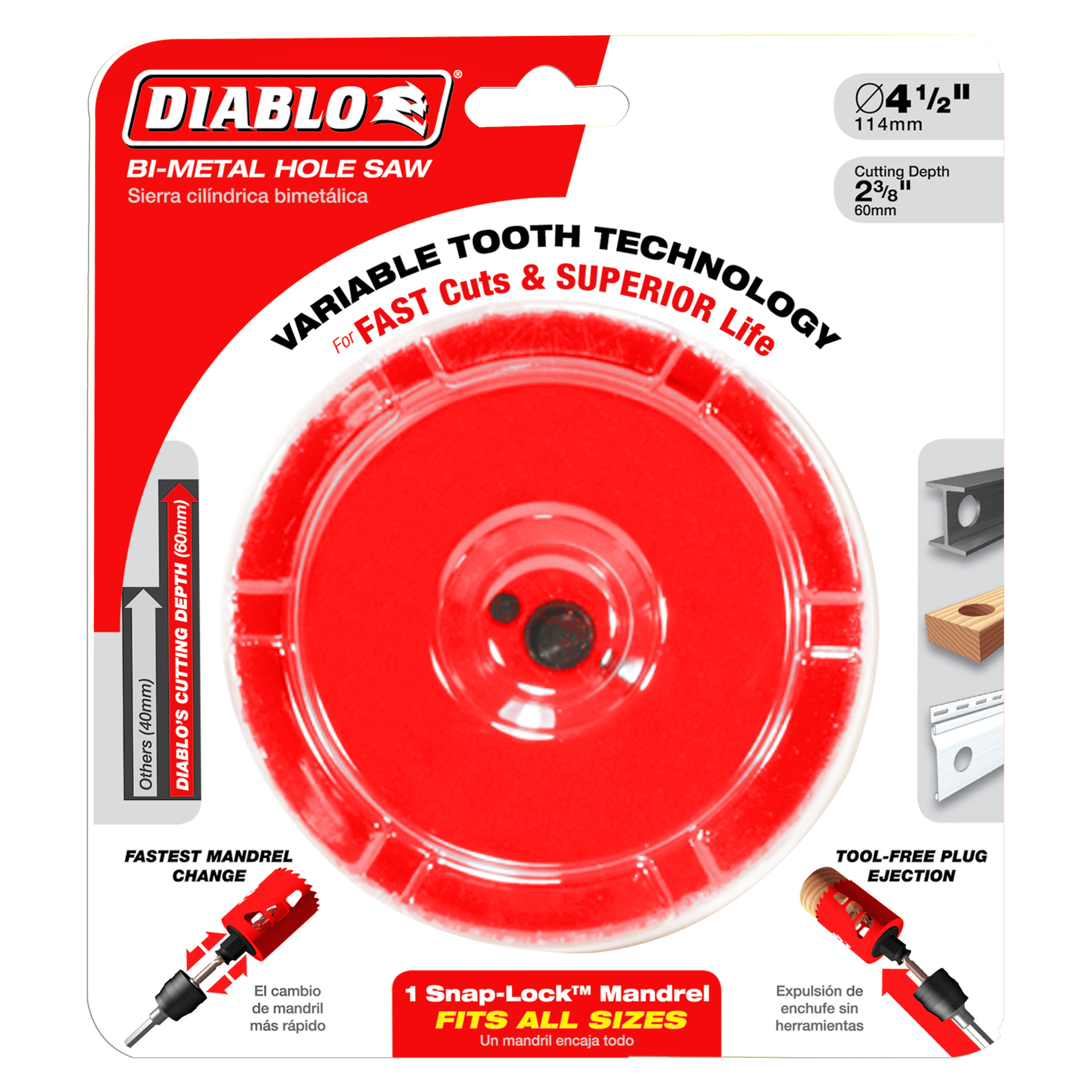 Diablo bi-metal hole saw with 4-1/2 inch diameter, red circular blade with variable tooth technology and snap-lock mandrel on