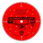 Red circular saw blade with 80 teeth, white center arbor hole, and carbide-tipped teeth around the edge for crosscutting.