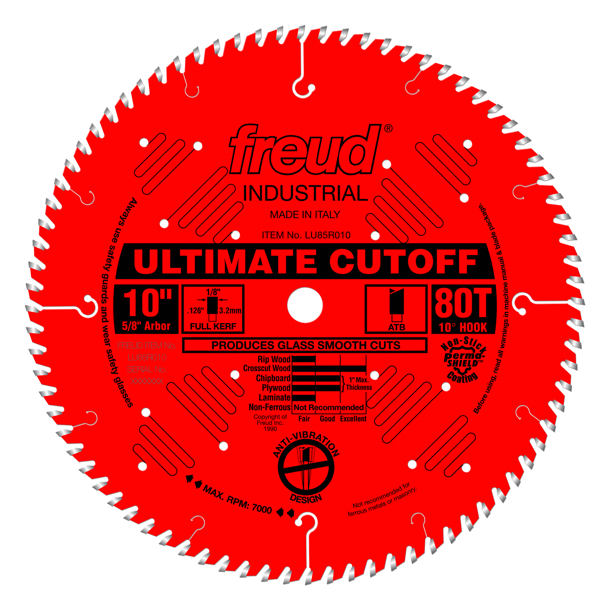 Red circular saw blade with 80 teeth, white center arbor hole, and carbide-tipped teeth around the edge for crosscutting.