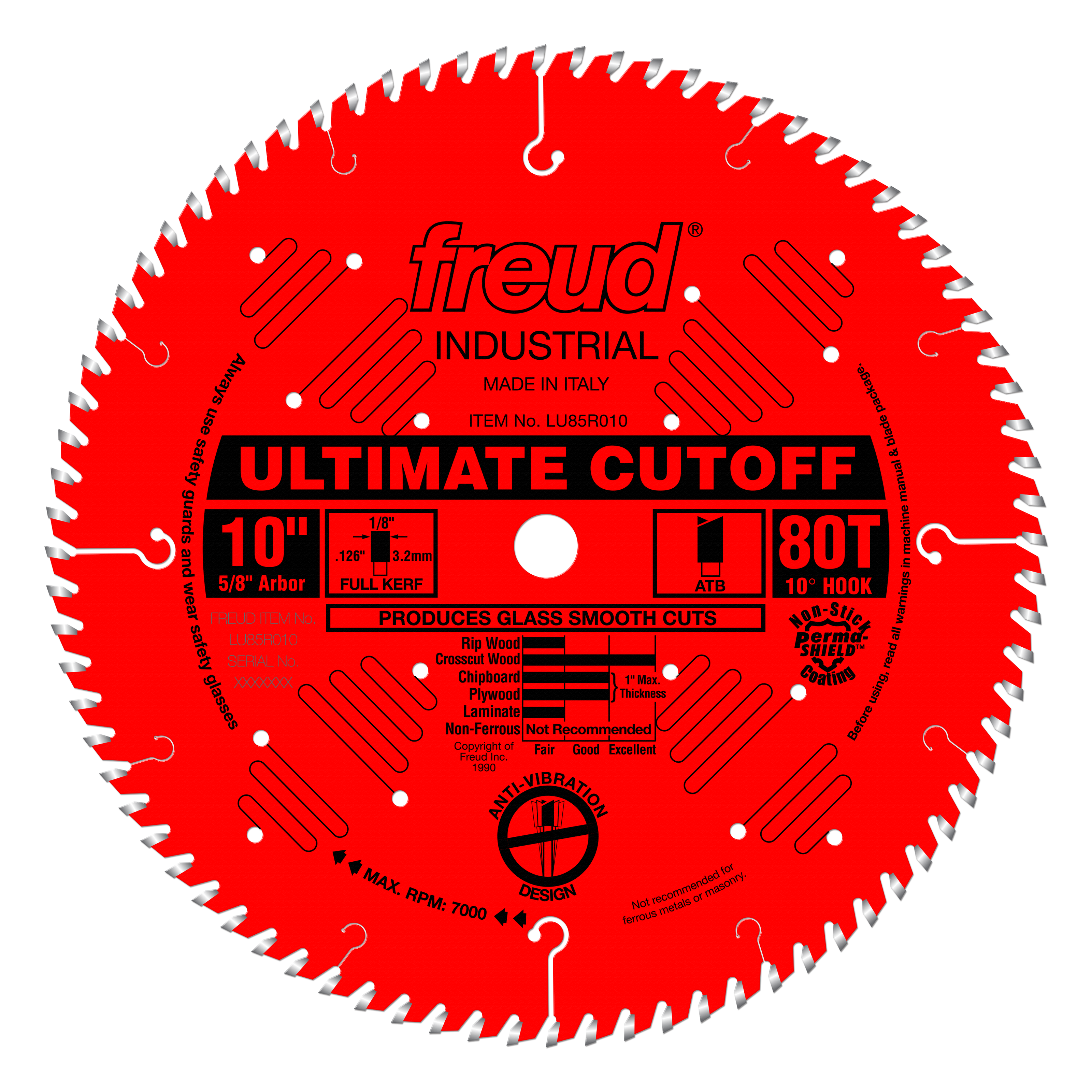 Red circular saw blade with 80 teeth, white center arbor hole, and carbide-tipped teeth around the edge for crosscutting.