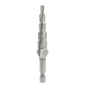 Silver Diablo step drill bit with six progressively larger cutting stages and hexagonal shank, displayed vertically.
